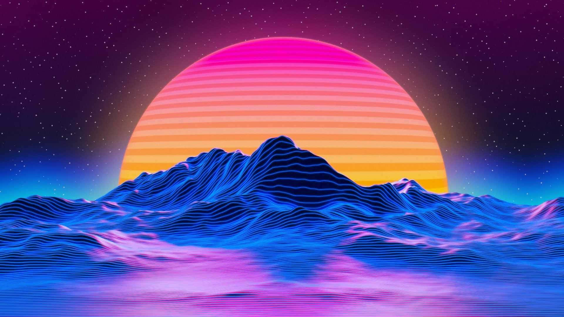在星空下，藍色波浪山後面的霓虹粉紅色和橙色日落。