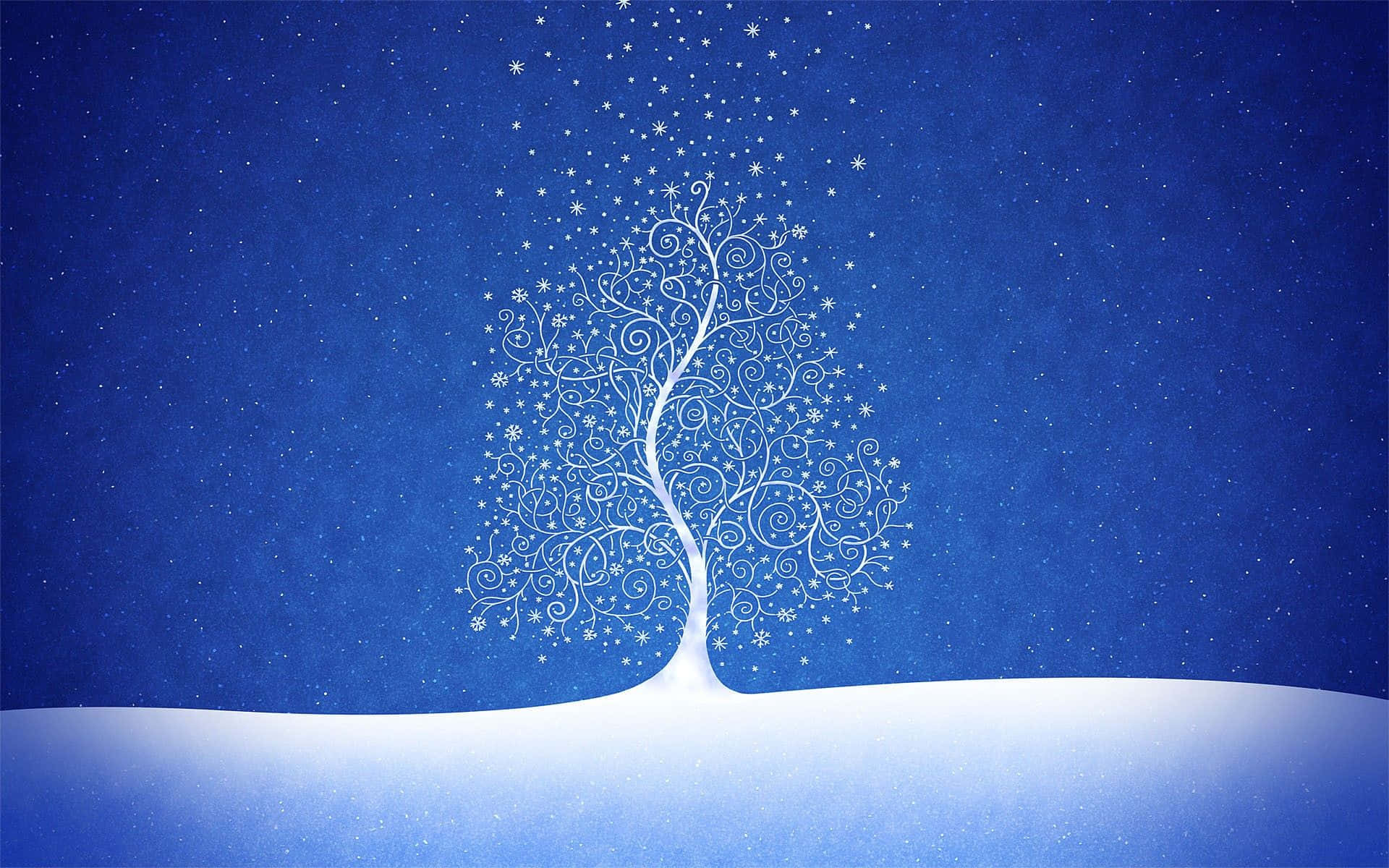 一棵帶有星形葉子的白色裝飾樹，在星空下的雪丘上。