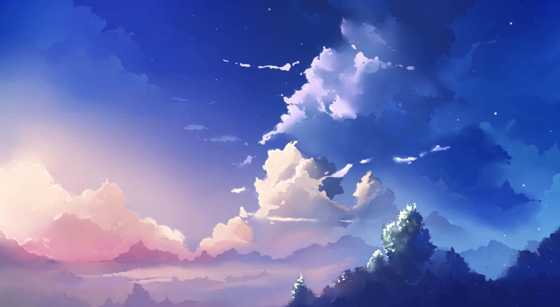 感受寧靜藍天的平和 壁紙 — 在繁星點點的夜空下，柔和的粉紅色和深藍色雲彩籠罩著剪影樹木，呈現寧靜的黃昏天空。