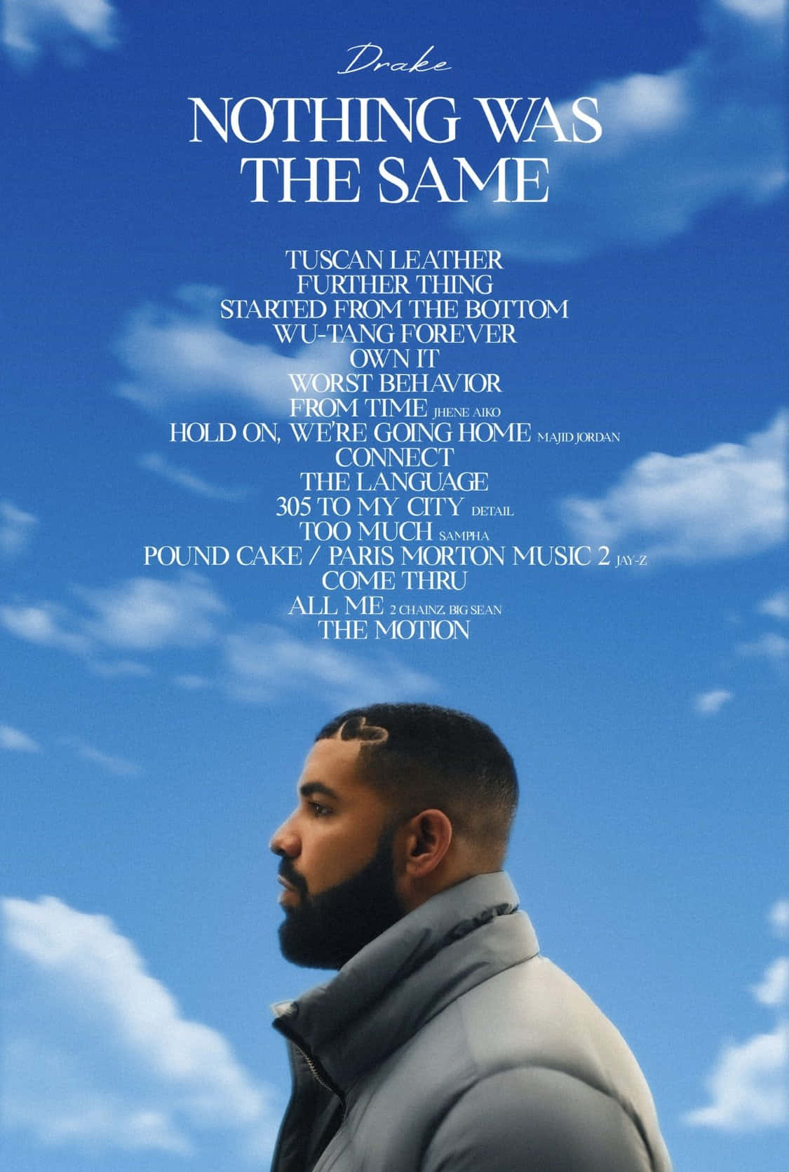 Drake 側面照，身穿灰色外套，背景係藍天白雲，上面有專輯曲目列表文字。