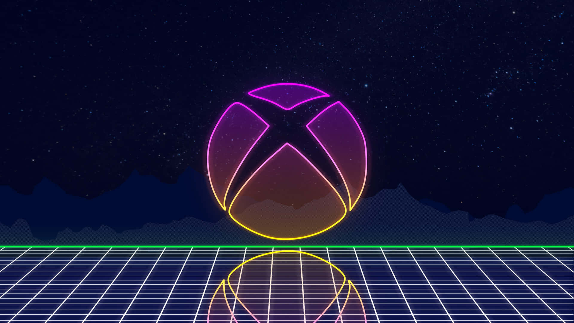 發光Xbox標誌在霓虹網格上，背景為星空夜空和山脈。