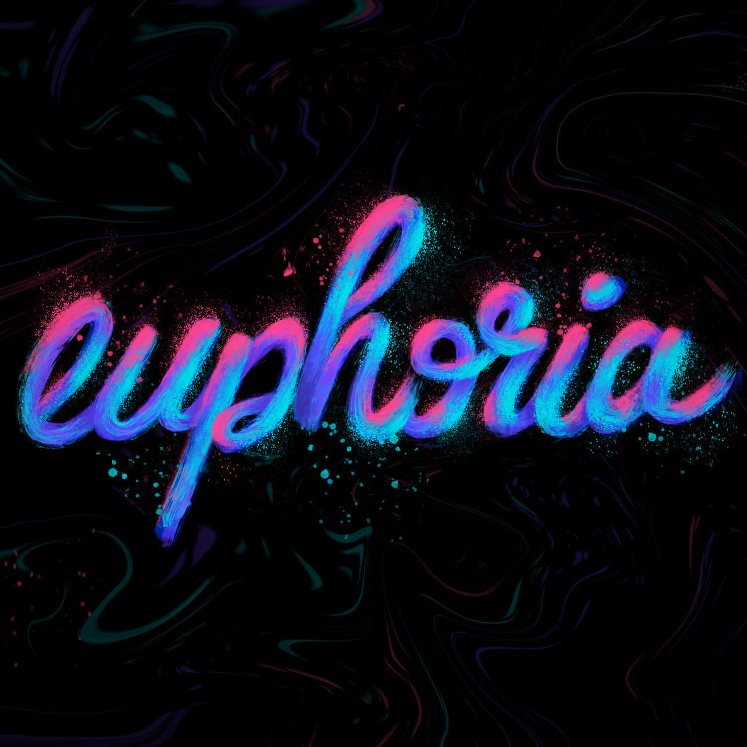 感受愉悅與滿足 壁紙 — 「euphoria」一詞在閃爍粒子旋轉的深色背景上，以鮮豔的螢光粉紅和藍色發光。