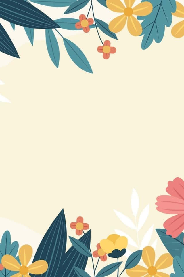 感受春天之美，盡享這款精緻iPhone花壁紙 壁紙 — 充滿活力的花卉邊框，以黃色、橙色和粉紅色的花朵以及藍綠色的葉子框住奶油色背景。