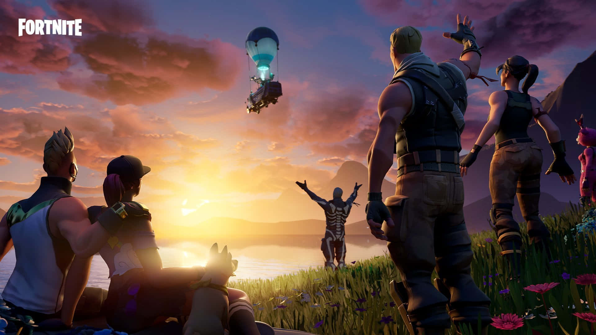 Fortnite 玩家在日落時分觀看一個發光的熱氣球。