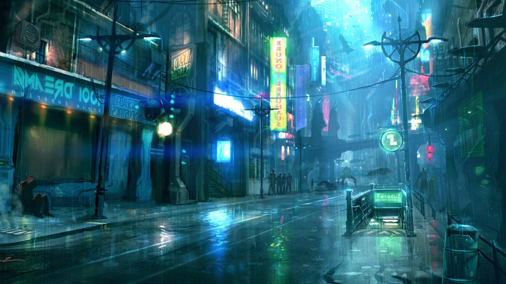 雨夜中霓虹燈照亮嘅 cyberpunk 城市街道，發光嘅招牌同濕漉漉嘅路面。