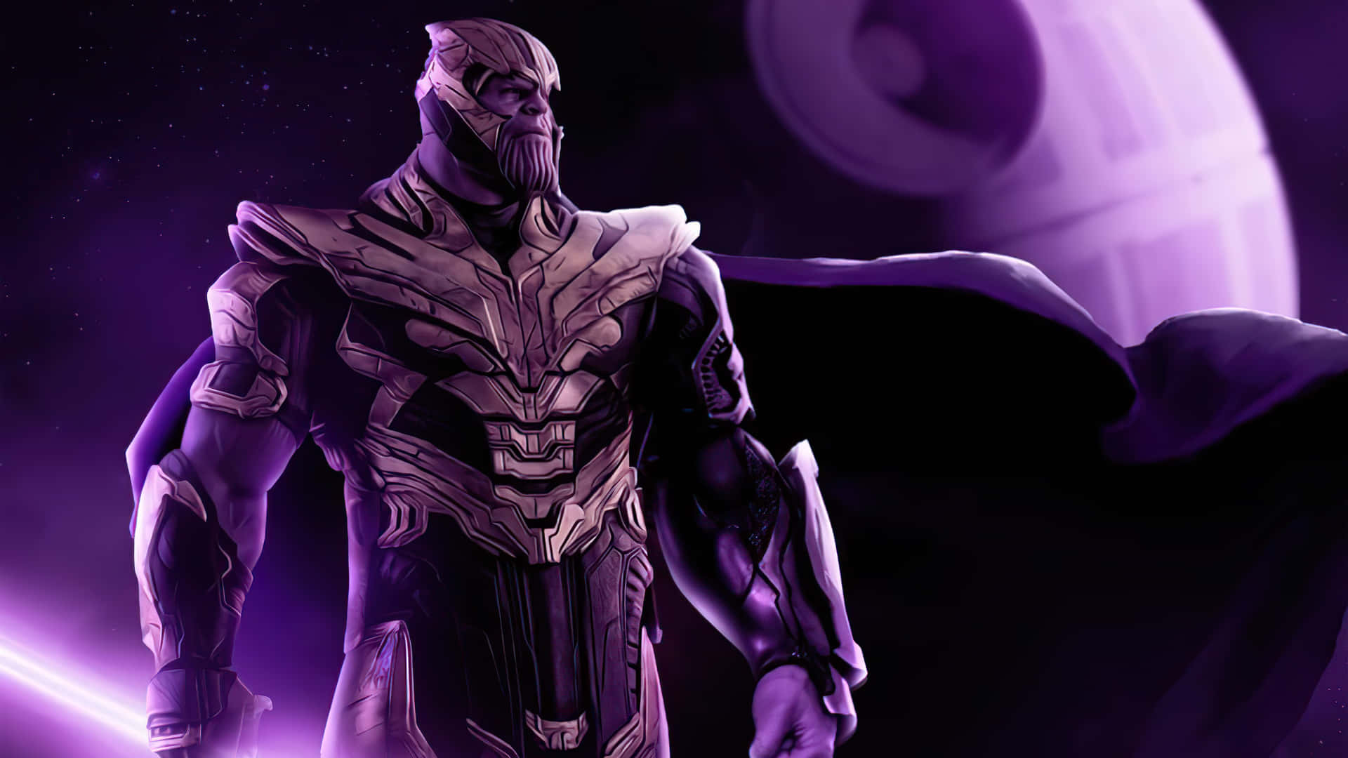 Thanos 身穿紫色盔甲，披著斗篷，太空背景中有死星