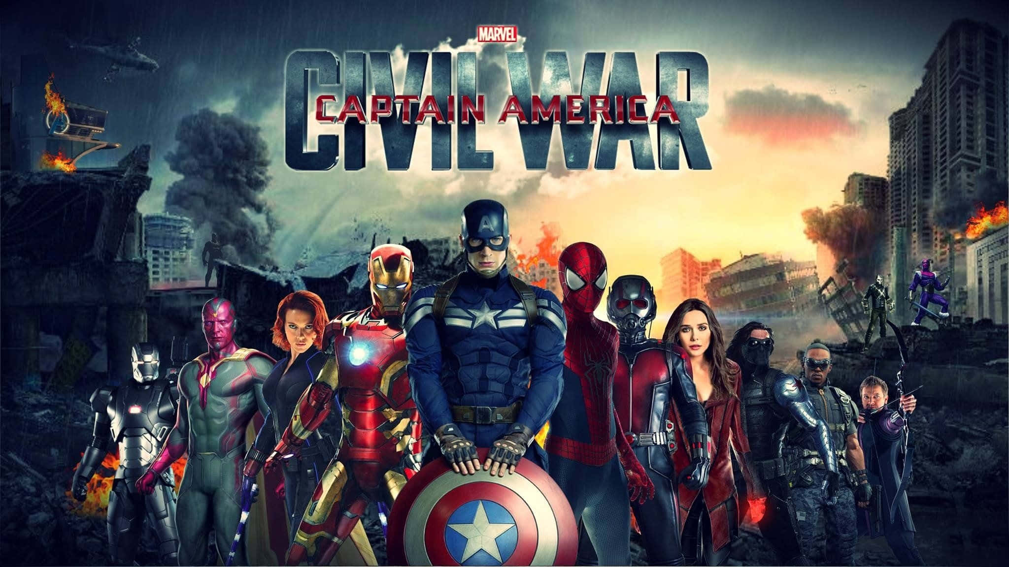 感受漫威電影的強大與精彩故事 壁紙 — Marvel 嘅《美國隊長3：英雄內戰》海報顯示英雄們穿著戰鬥裝備，喺煙霧同火焰中嘅戰爭摧毀城市景觀中挑釁咁企喺度。