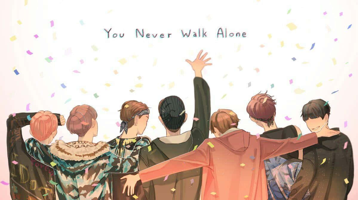 七個動漫角色背對背站立，上方飄落五彩紙屑，並有文字「You Never Walk Alone」。