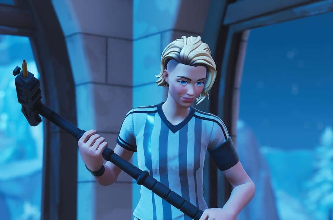 Fortnite裁判在藍色燈光的房間裡拿著錘子。