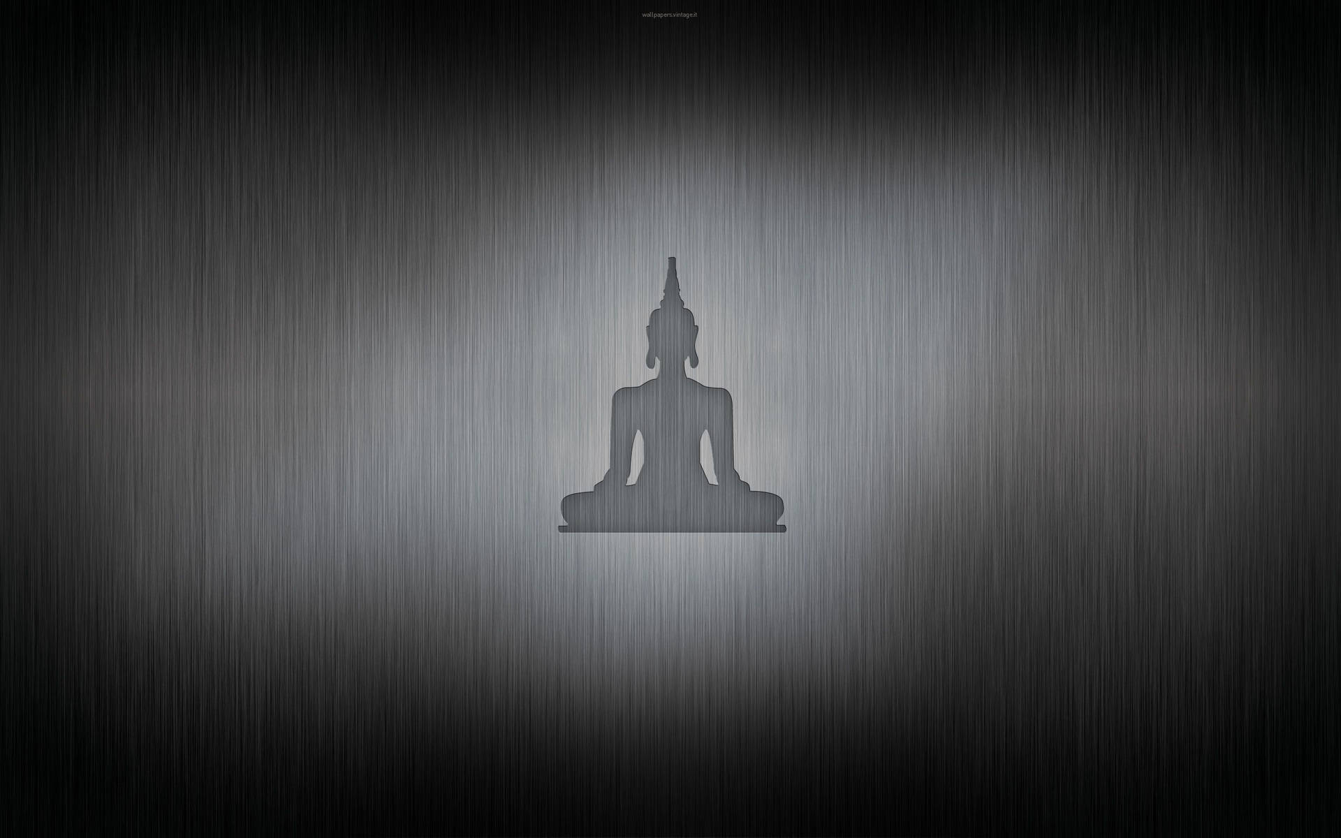 佛像剪影在拉絲金屬背景上，帶有漸變照明。