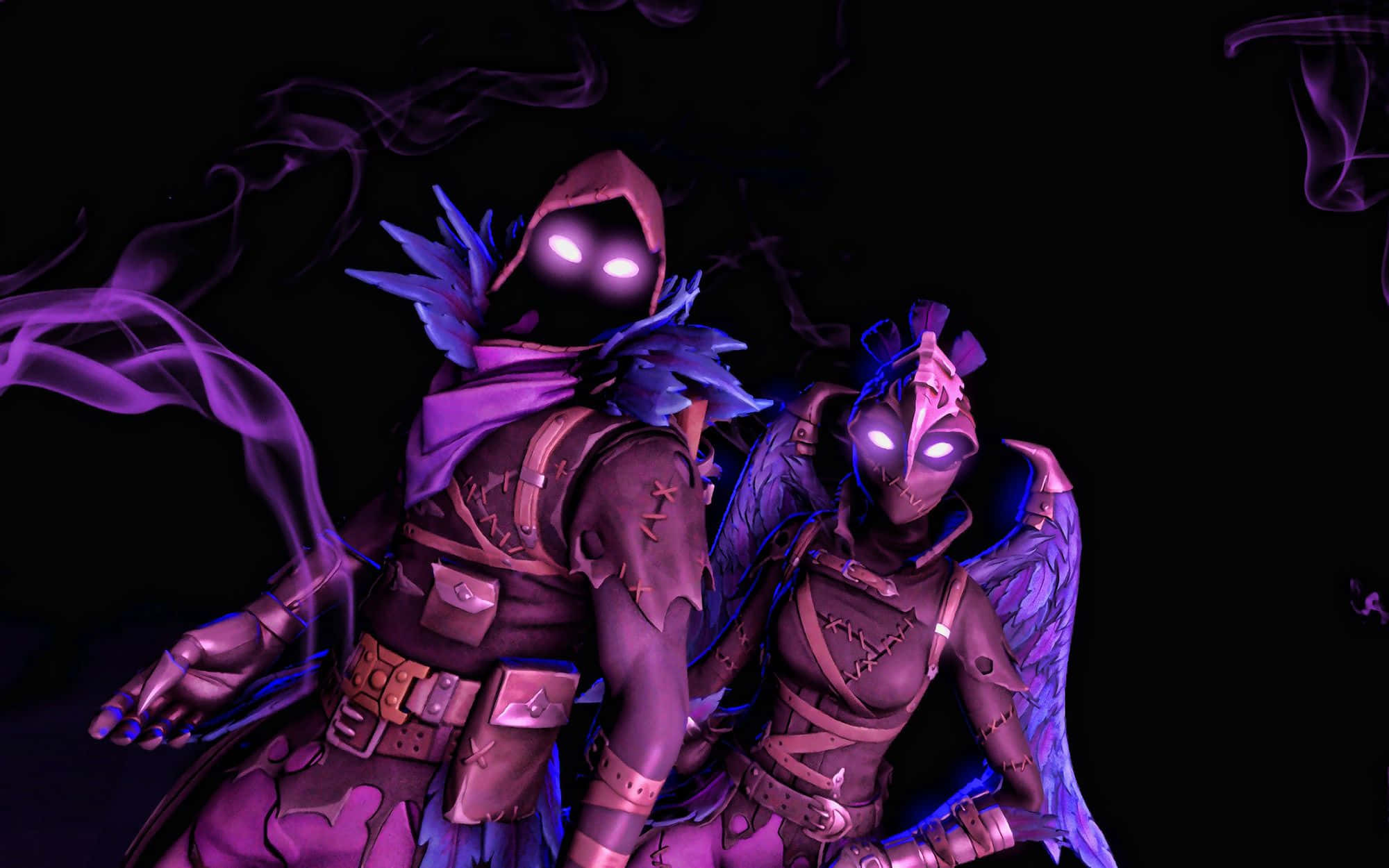 感受神秘烏鴉《Fortnite》皮膚的強大力量 壁紙 — 兩個戴著兜帽的裝甲人物，眼睛發光，紫色煙霧在黑暗場景中圍繞他們旋轉。