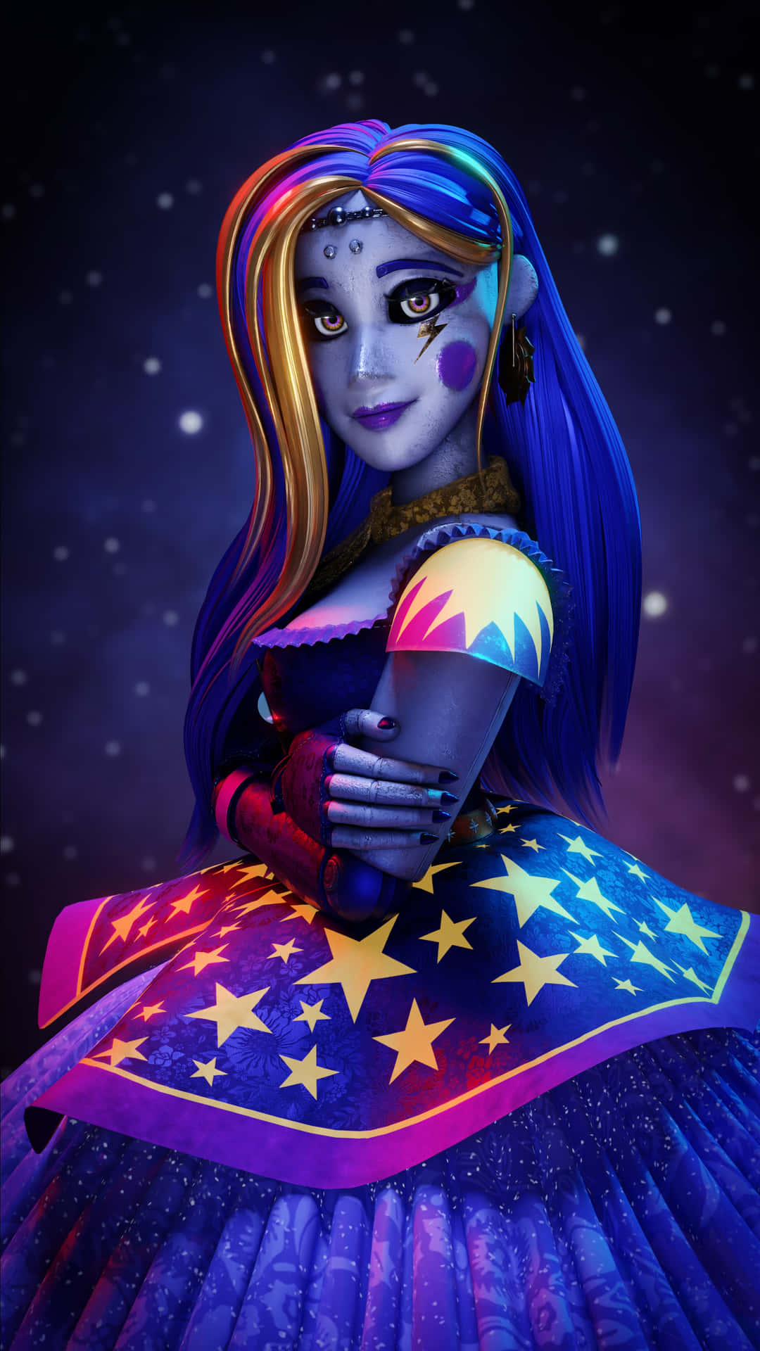 動漫女孩穿著星袍在星空下拿著發光球體