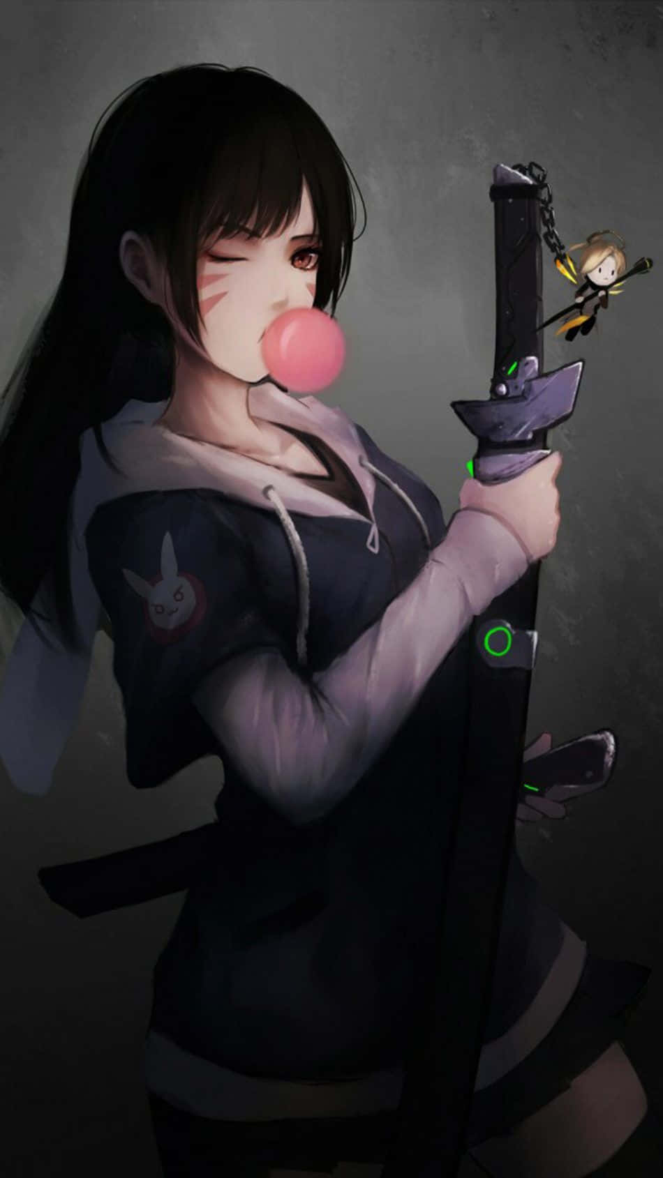 動漫女孩吹泡泡糖，手持發光劍與小角色