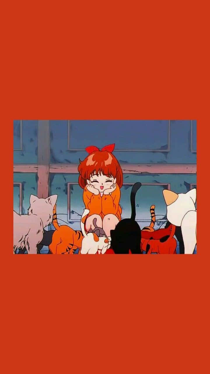 感受紅色動漫風格的熱情 壁紙 — 一個開心的動漫女孩，紅髮戴蝴蝶結，坐在藍色窗牆前，被各種貓咪圍繞。