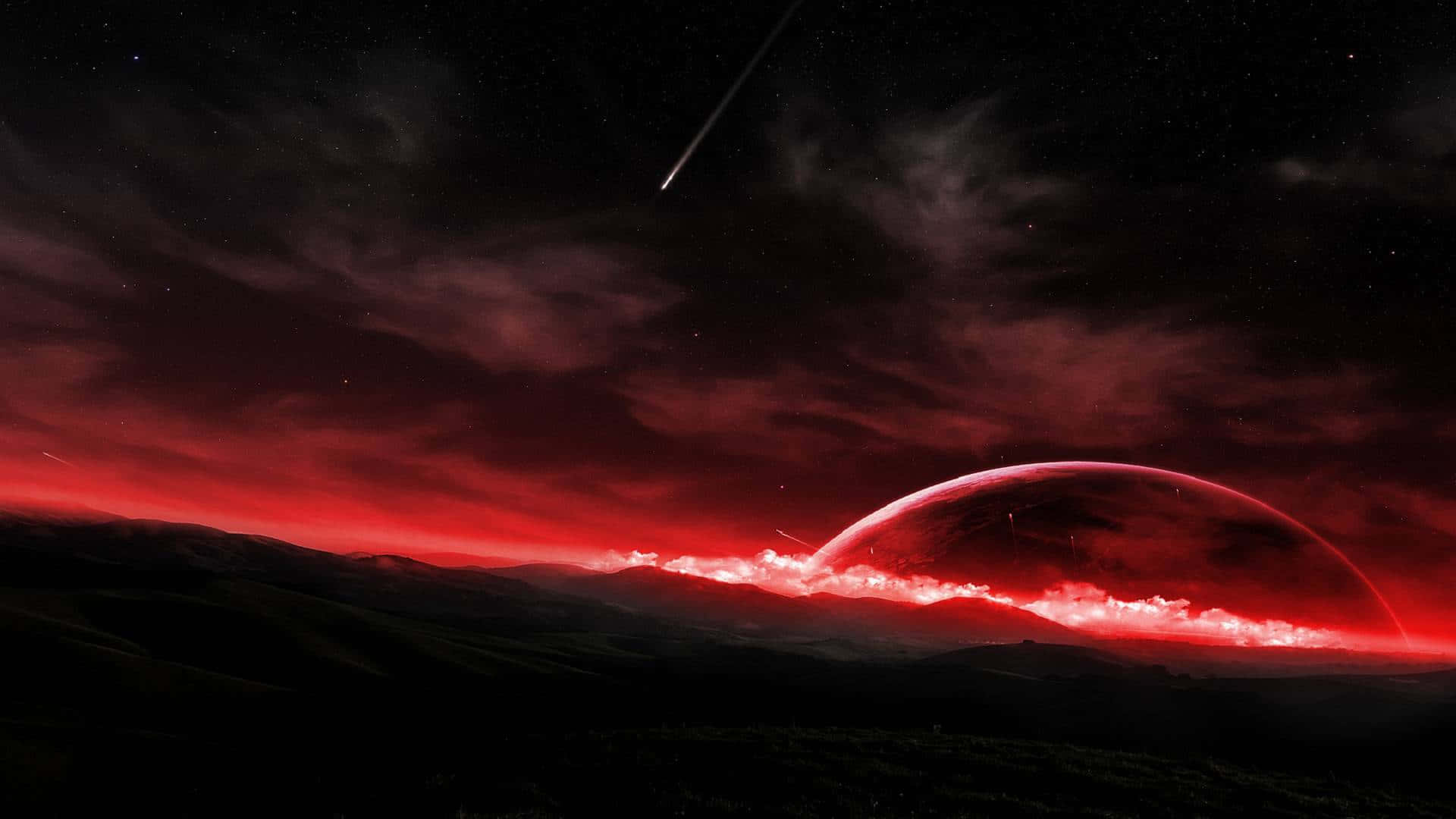 在繁星點點的夜空下，外星行星的地平線發出紅光，伴隨著一顆流星。