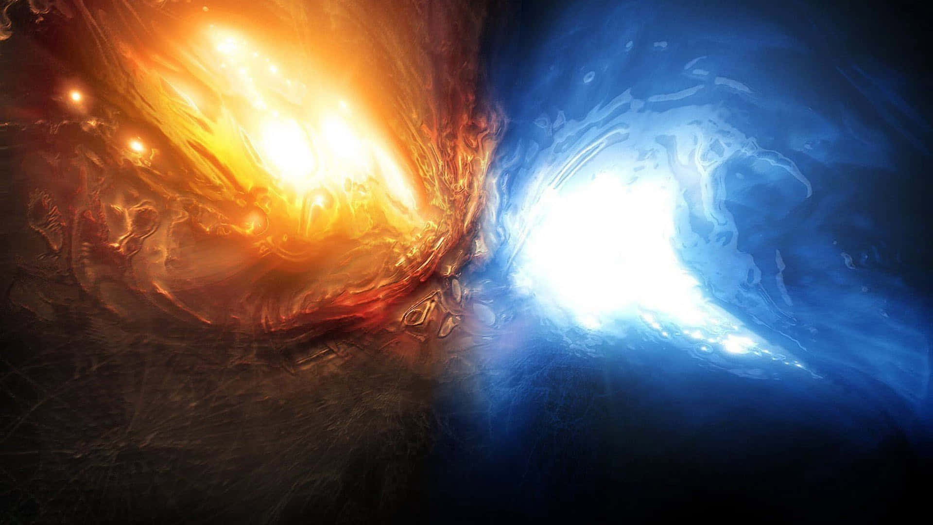 熾熱橙色與冰冷藍色的宇宙能量在戲劇性的太空爆炸中碰撞。