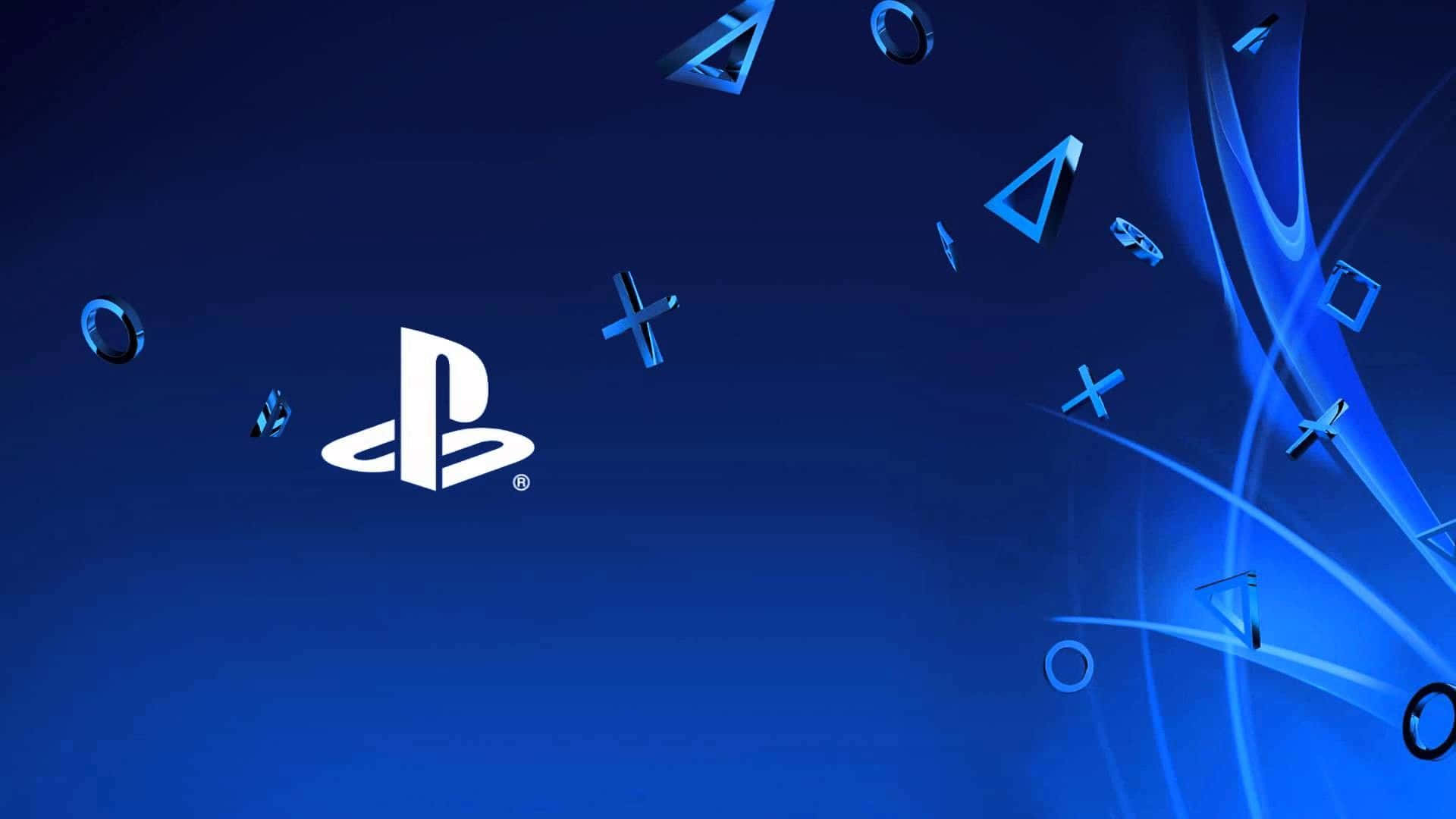 感受聲音，體驗索尼 PlayStation 4 的強大威力 壁紙 — PlayStation 標誌居中，帶有浮動控制器符號，背景為動態藍色漸變。