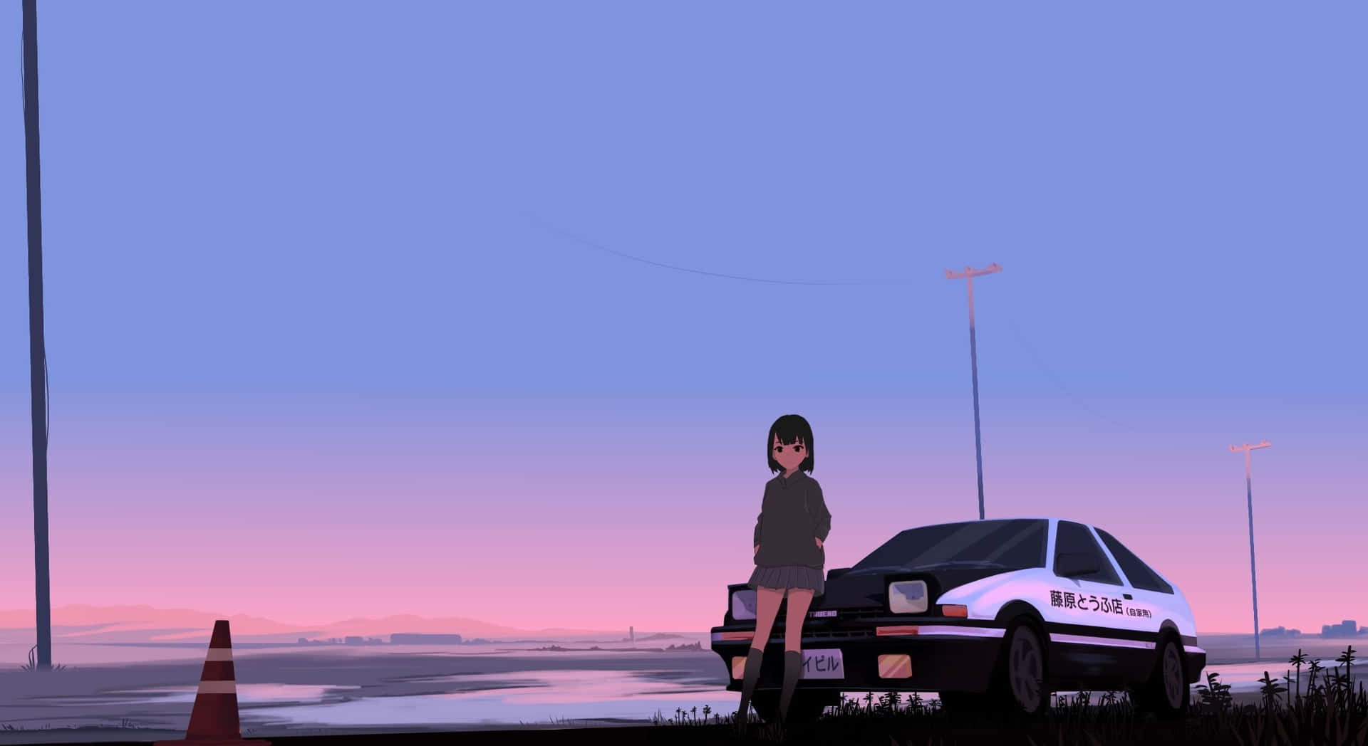 女孩在黃昏時站在警車旁邊，天空粉紅和藍色。