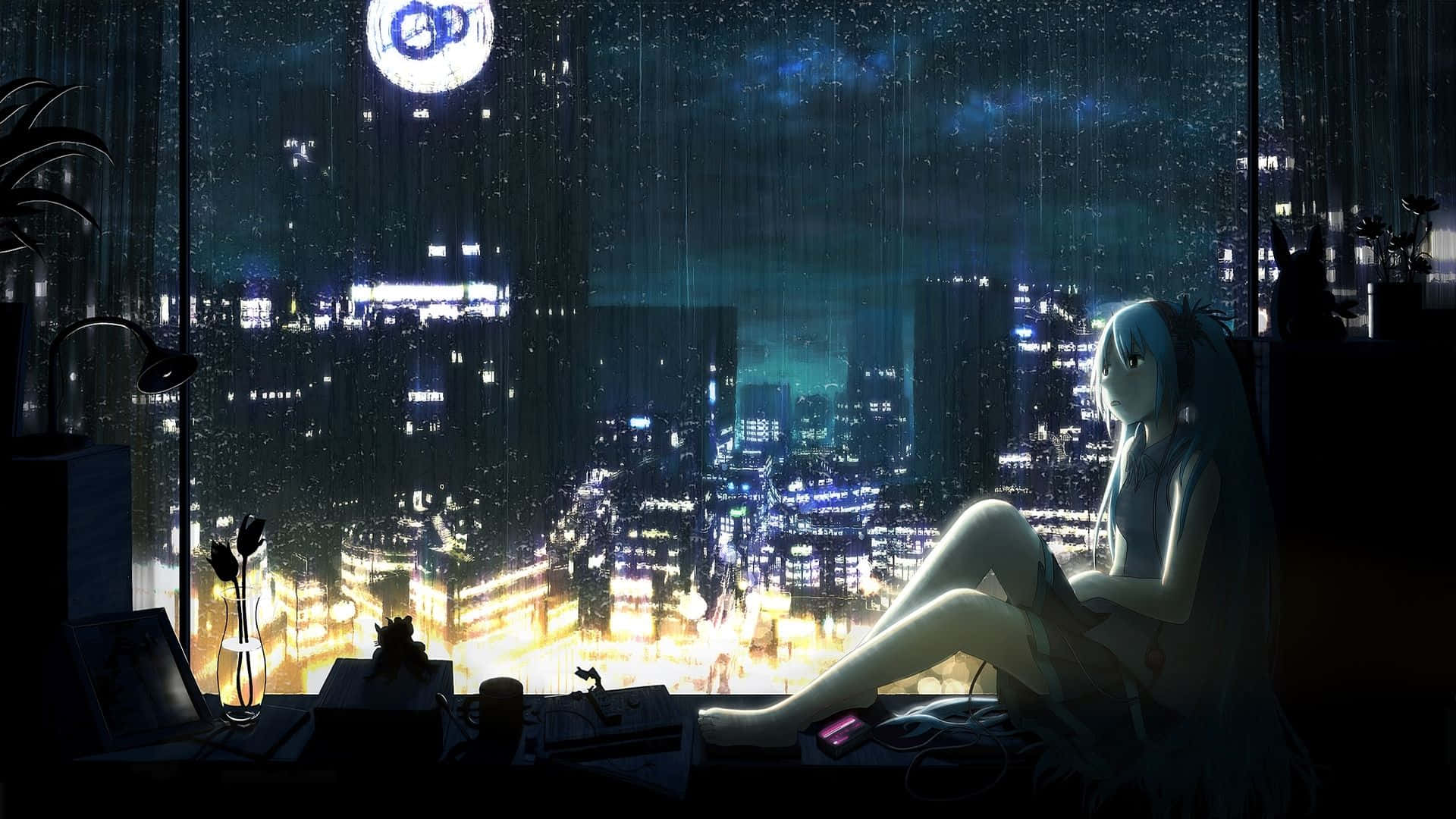感受自然之力——高田剛動漫雨景 壁紙 — 一個蒼白的動漫女孩獨自坐在窗台上，凝視著在星空下閃耀的雨濕霓虹城市。