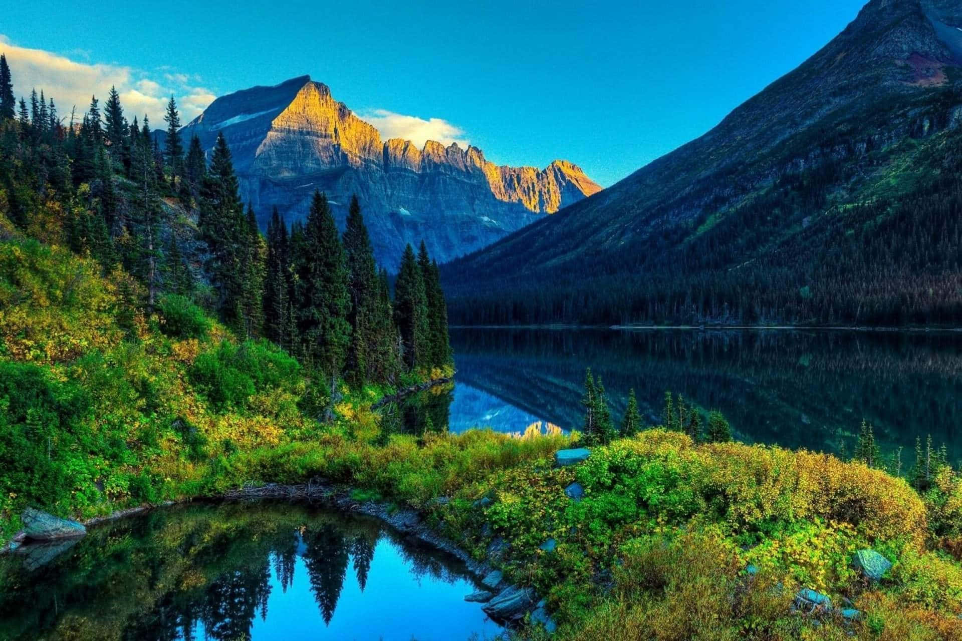 山湖在日落時映照著金色的山峰和常綠樹。