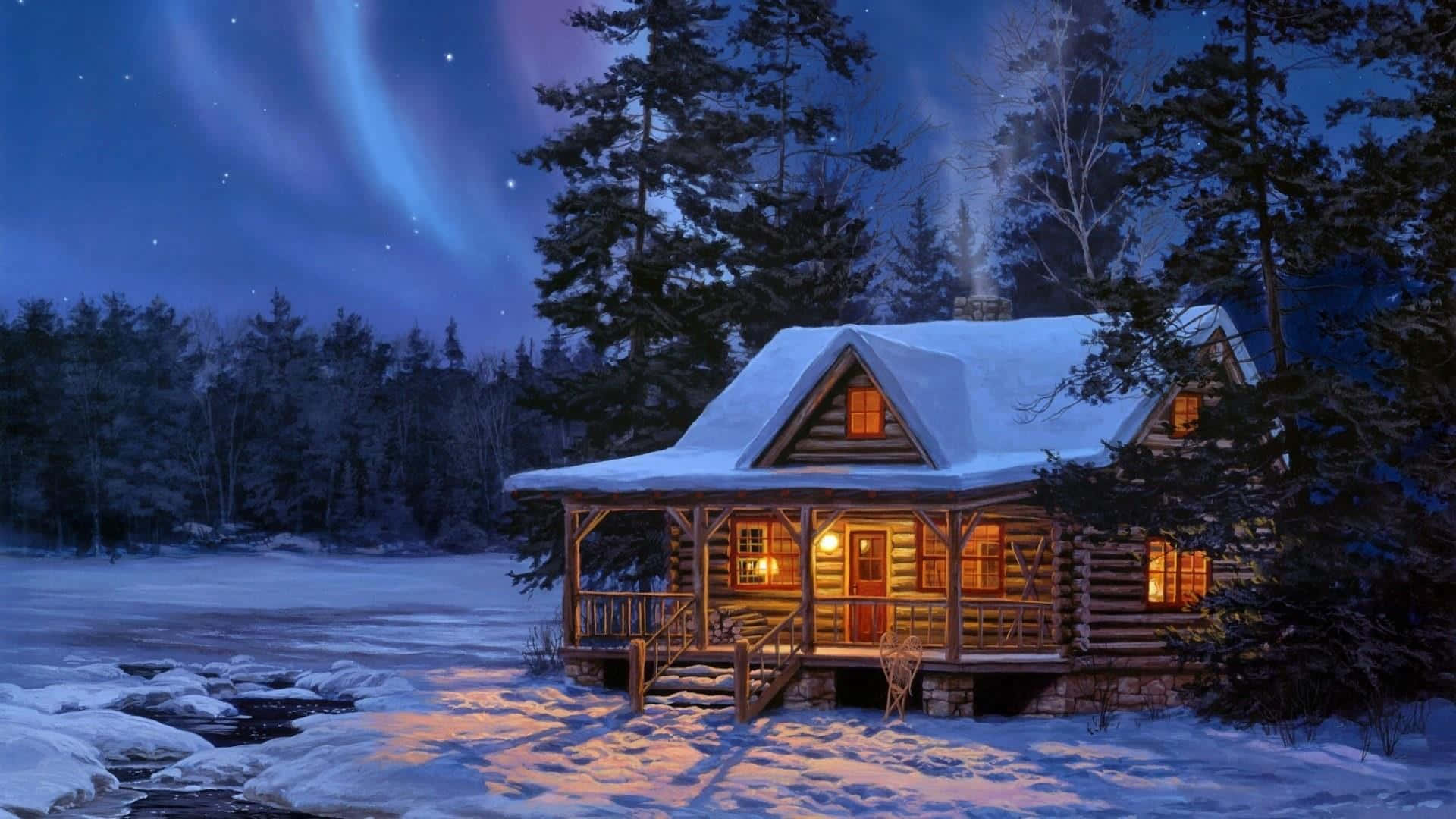 雪地森林中的舒適小屋，夜晚極光下