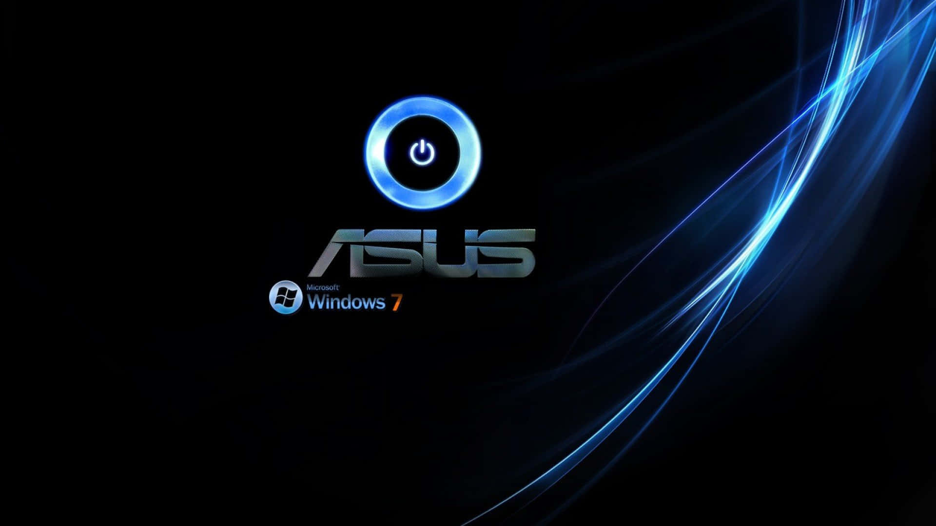 ASUS Windows 7 標誌，帶有發光電源按鈕和黑色背景上的藍色光跡