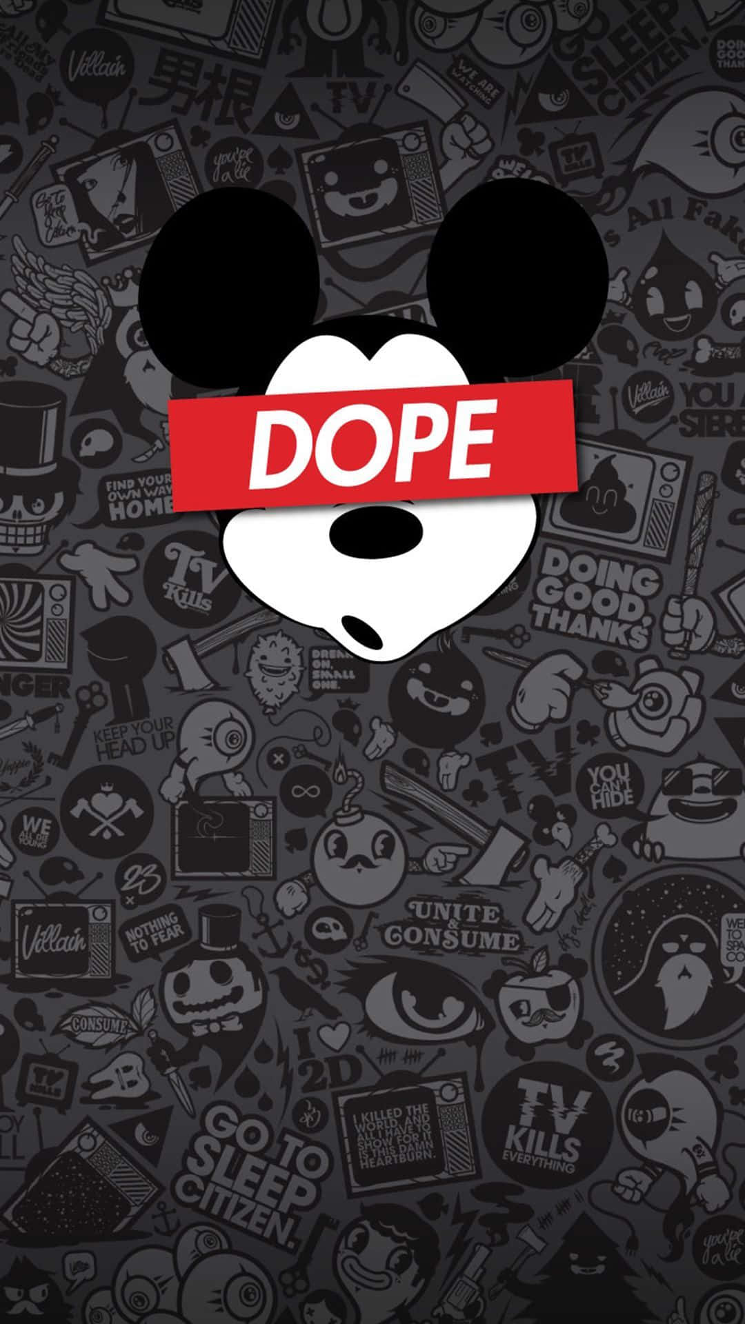 米奇老鼠頭部帶有 'DOPE' 橫幅，置於混亂的流行文化塗鴉背景上。
