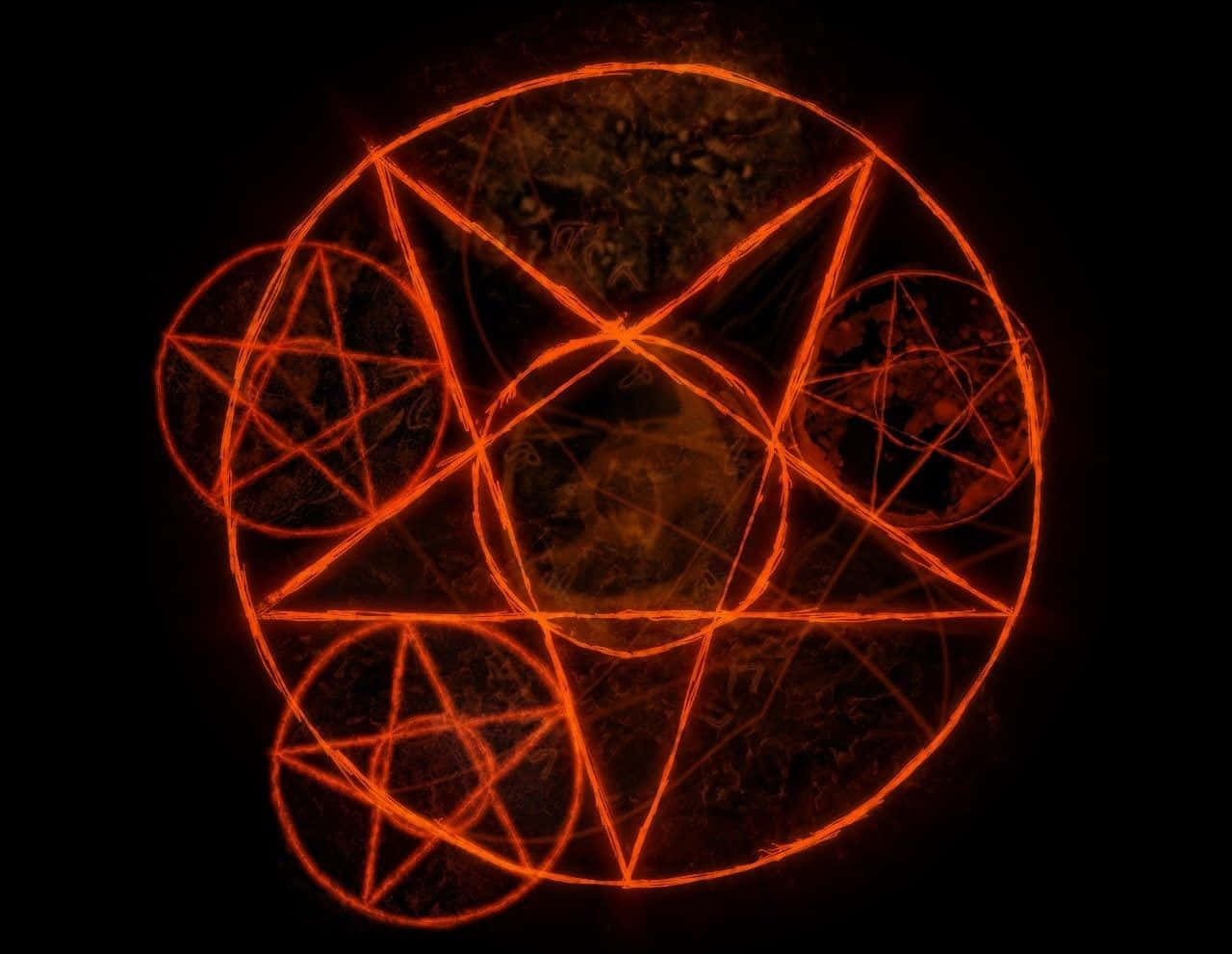 發光的橙色幾何符號，帶有五角星和圓圈，在深色背景上