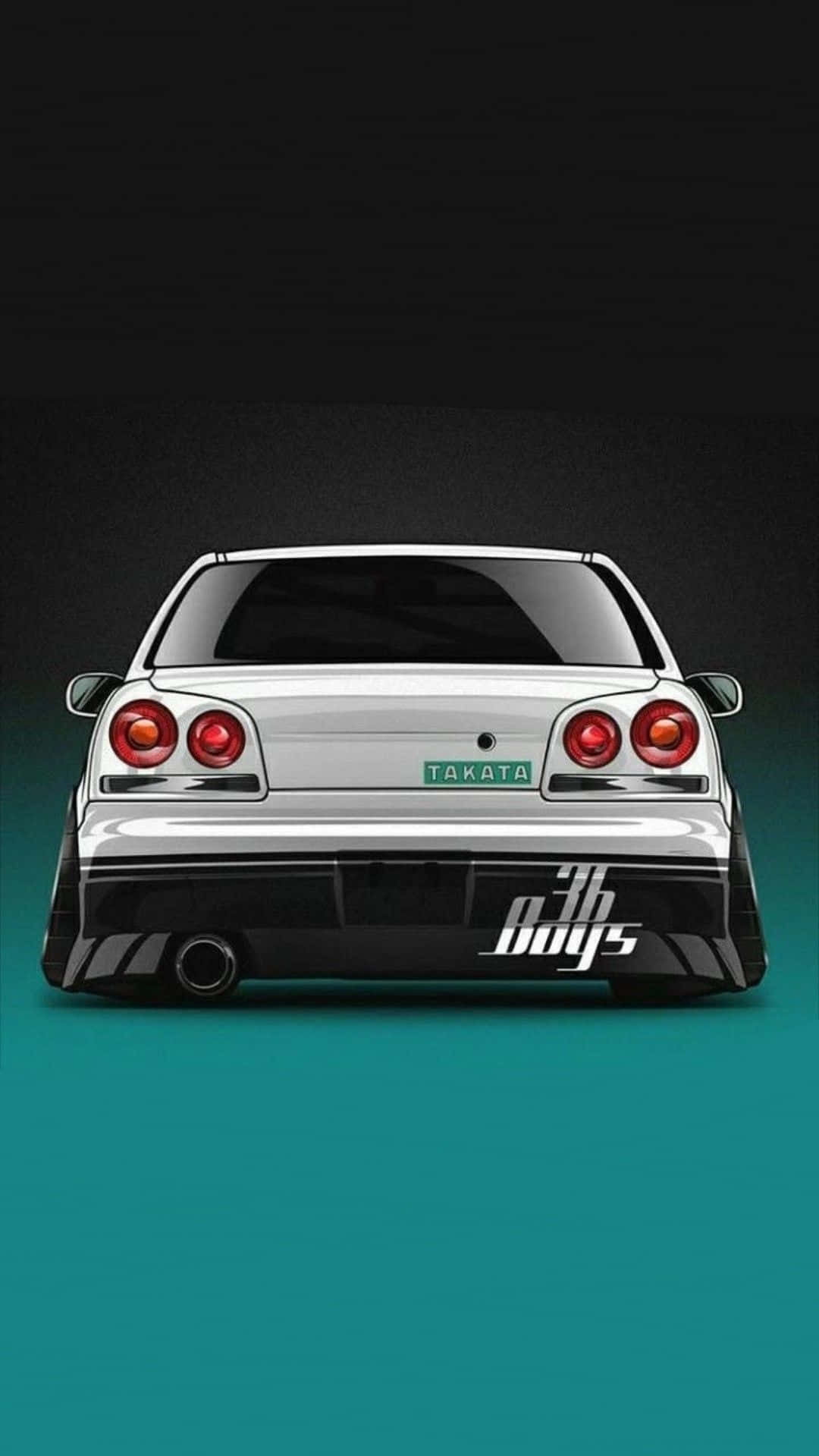 銀色日產Skyline GT-R後視圖，紅色尾燈和'TAKATA'車牌，青綠色背景。