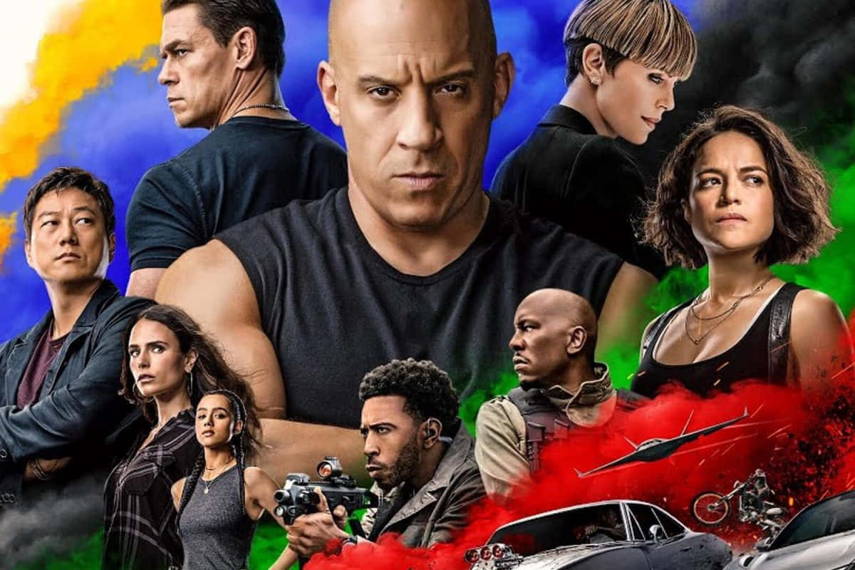 「感受速度的渴望」 壁紙 — 強烈的電影海報，以Furious 7演員陣容、爆炸和賽車車輛為特色，背景是鮮豔的色彩爆發。
