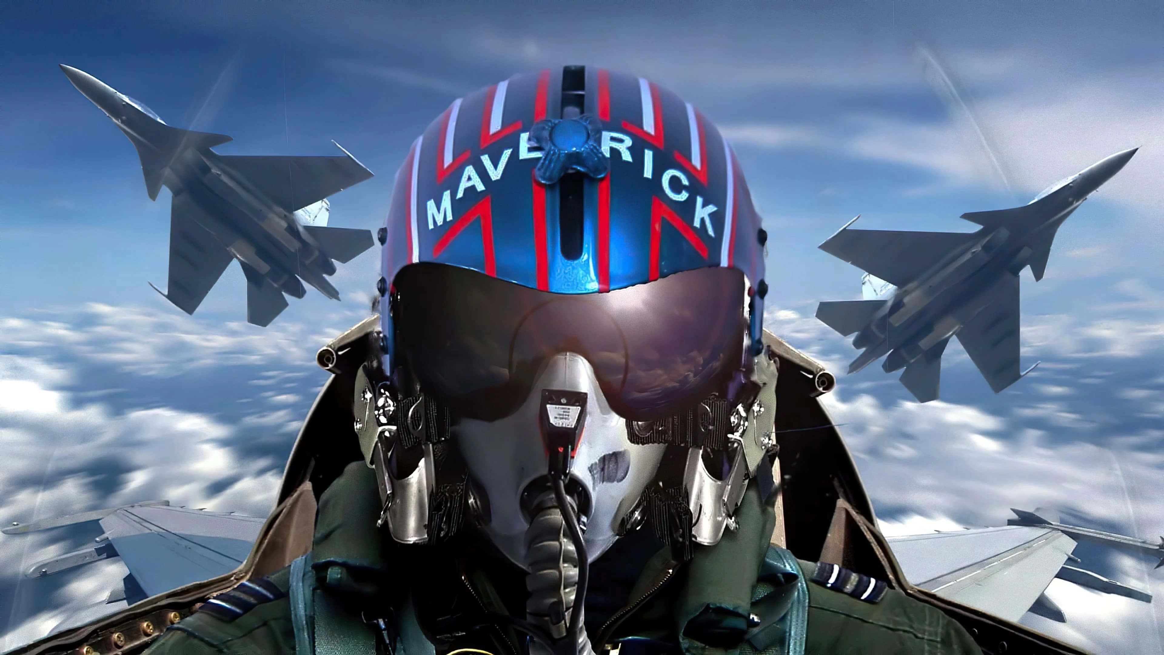 感受速度的渴望 壁紙 — 一名戴著印有「MAVERICK」的藍紅色頭盔的戰鬥機飛行員，與另外兩架飛機編隊飛行在蓬鬆的雲層之上。