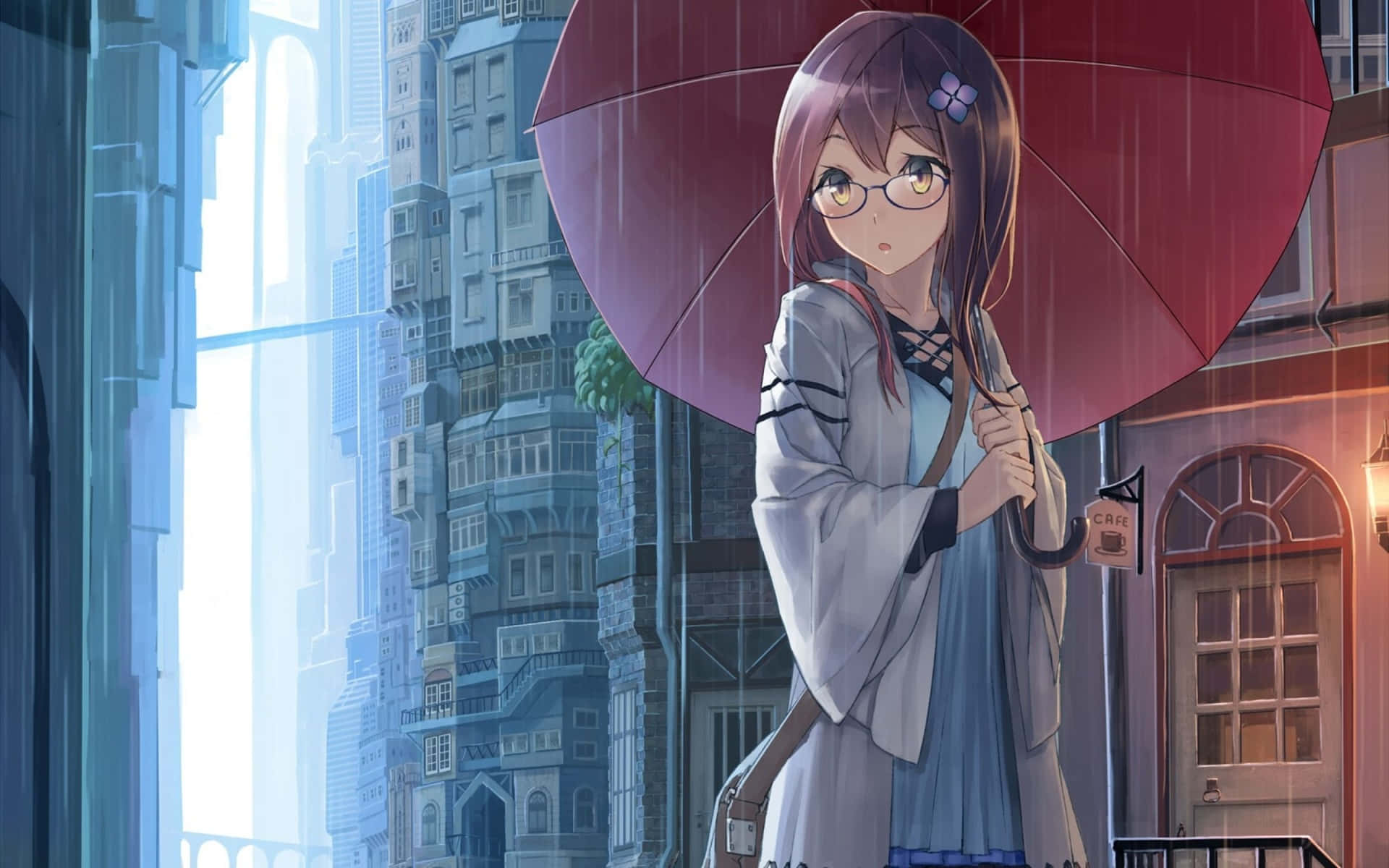 戴眼鏡的動漫女孩在雨中未來主義的街道上撐著紅傘。