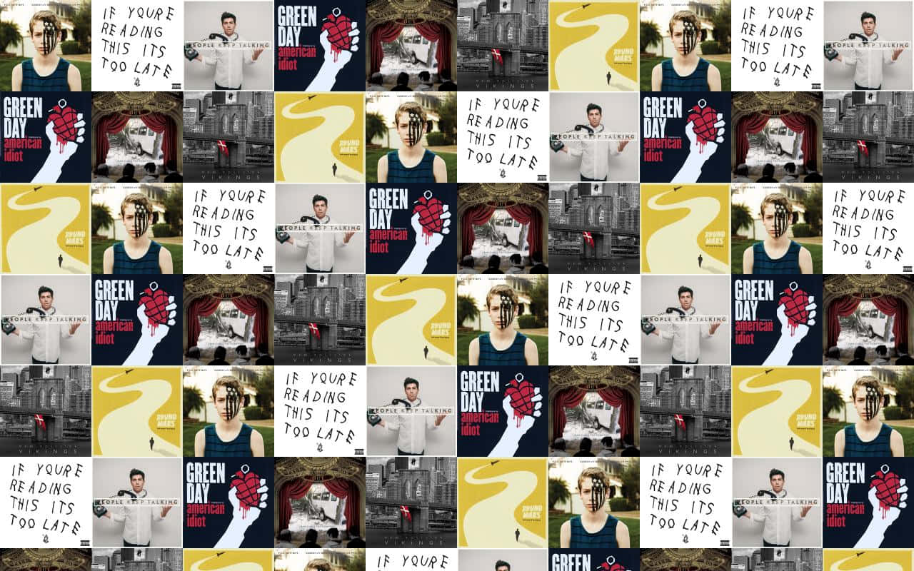 Green Day《American Idiot》專輯封面拼貼，帶有像素化臉部和紅色手榴彈。