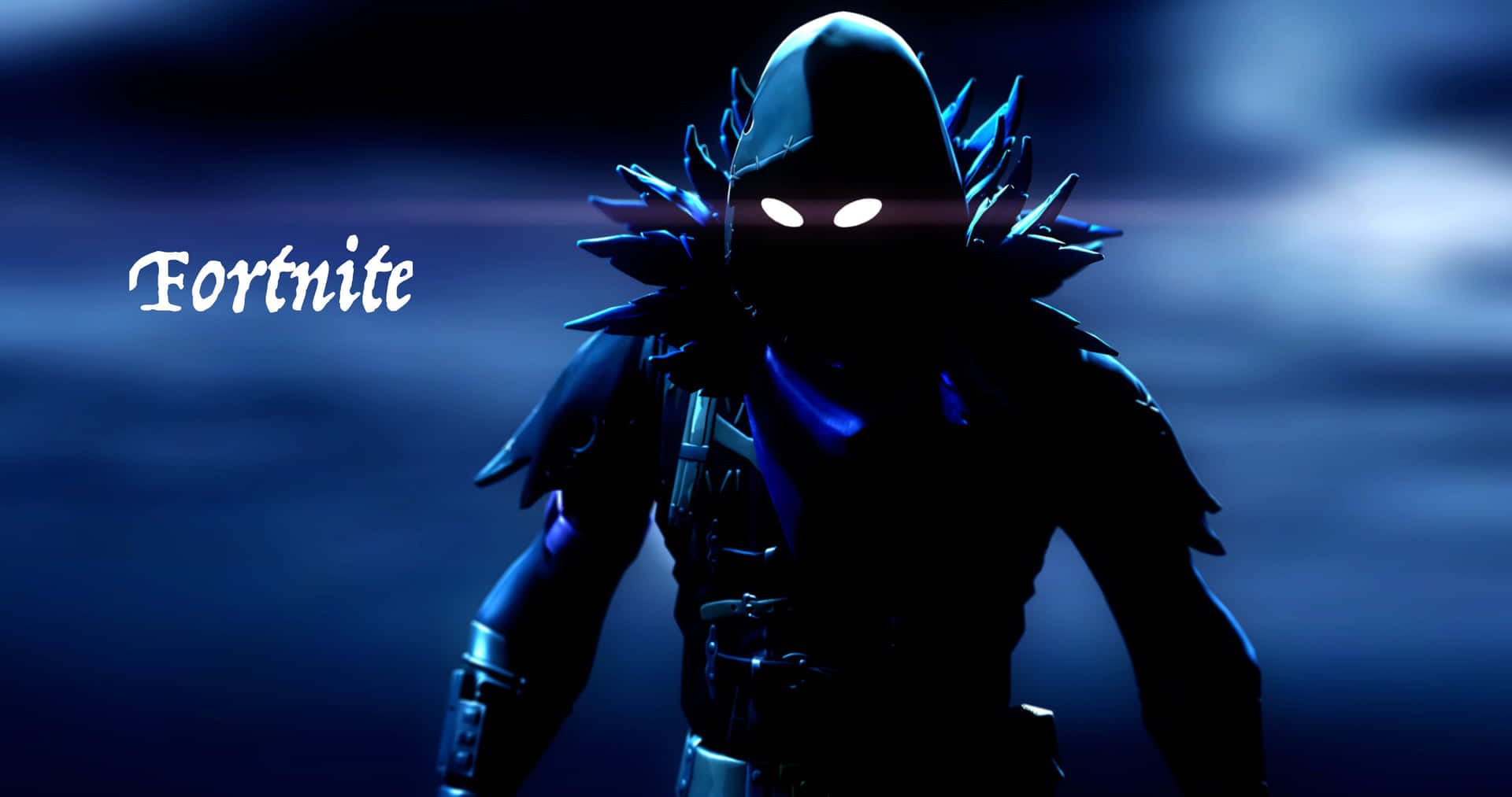 Fortnite 角色，眼睛發光，身穿藍色盔甲，處於黑暗環境中
