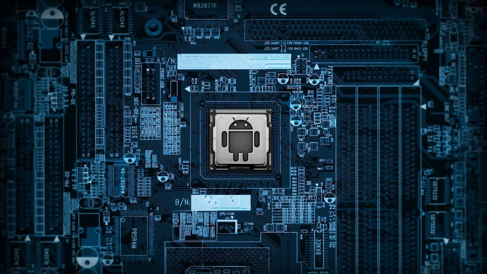 藍色電路板的特寫，中央有一個 Android 晶片。