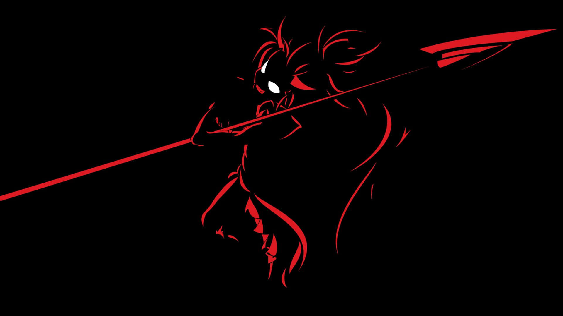 感受黑暗魔法的力量 壁紙 — 一個風格化的紅色剪影，描繪一位頭髮飄逸的戰士，在純黑背景上繪製一把發光的長矛。