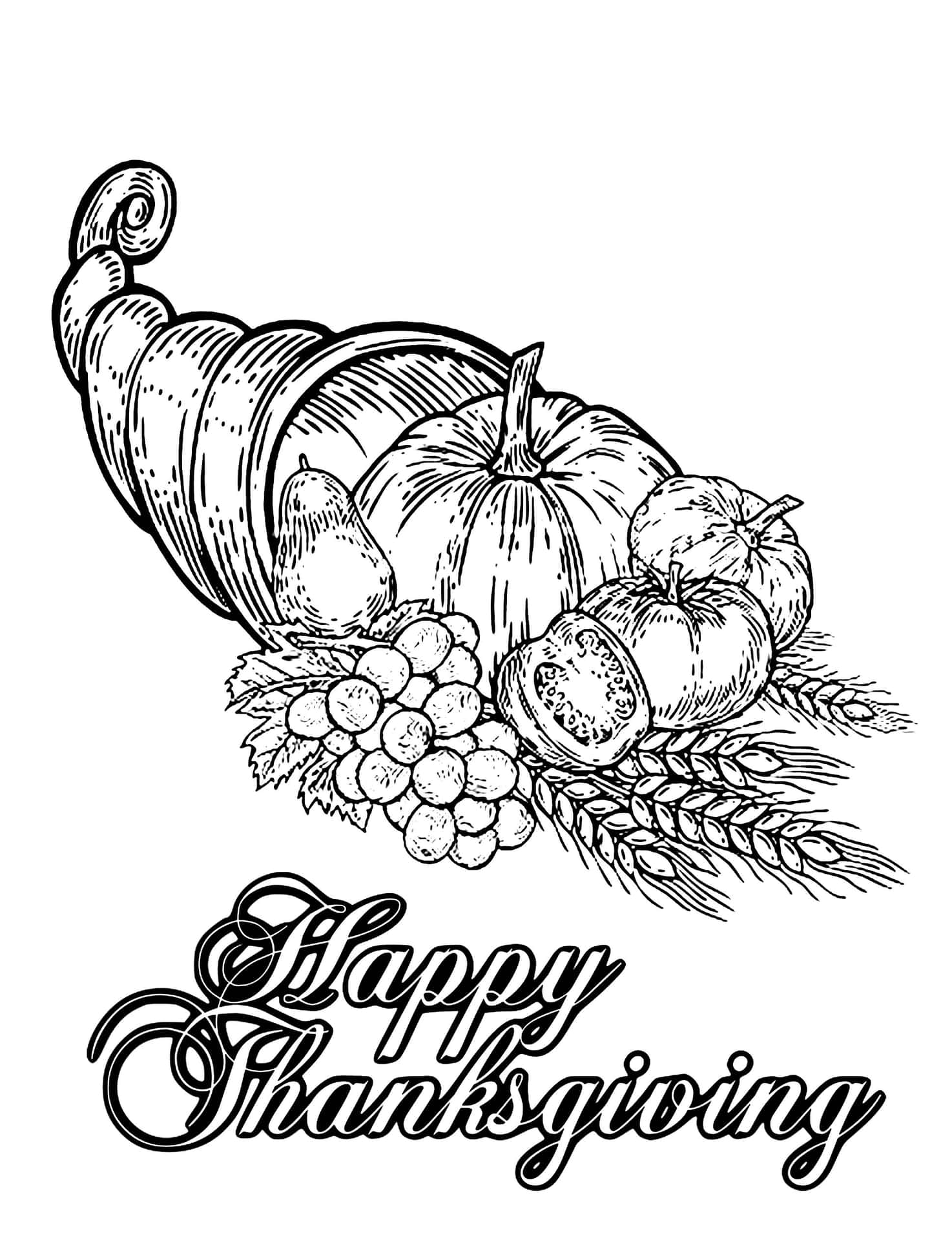 裝滿收穫水果和穀物的豐收角，帶有Happy Thanksgiving文字。