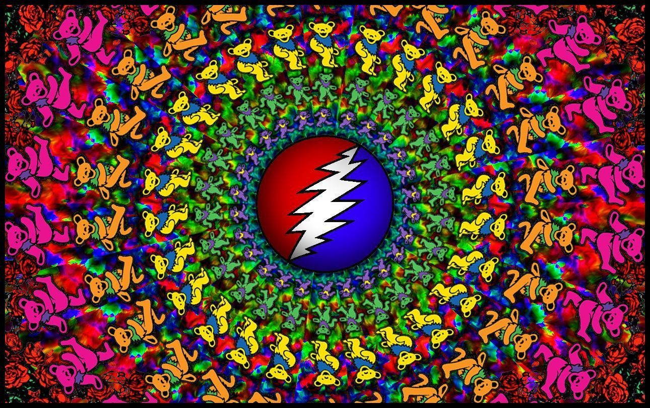 帶有重複泰迪熊和Grateful Dead標誌的迷幻壁紙。