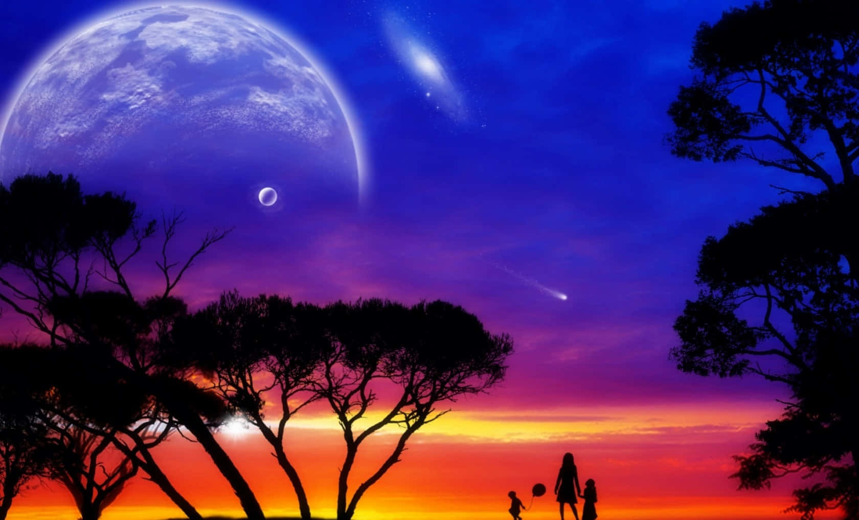 日落時外星樹下的家庭剪影，上方有巨大月亮和星系