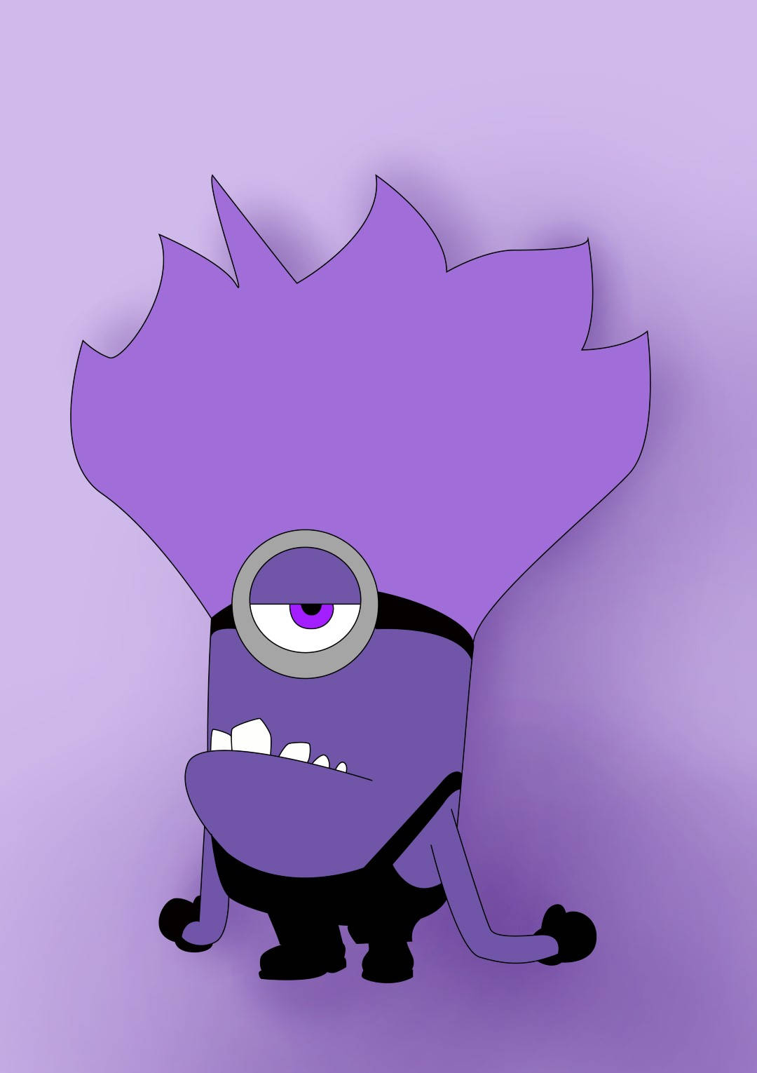 一隻紫色卡通Minion，有一隻眼睛和尖頭髮，看起來脾氣暴躁。
