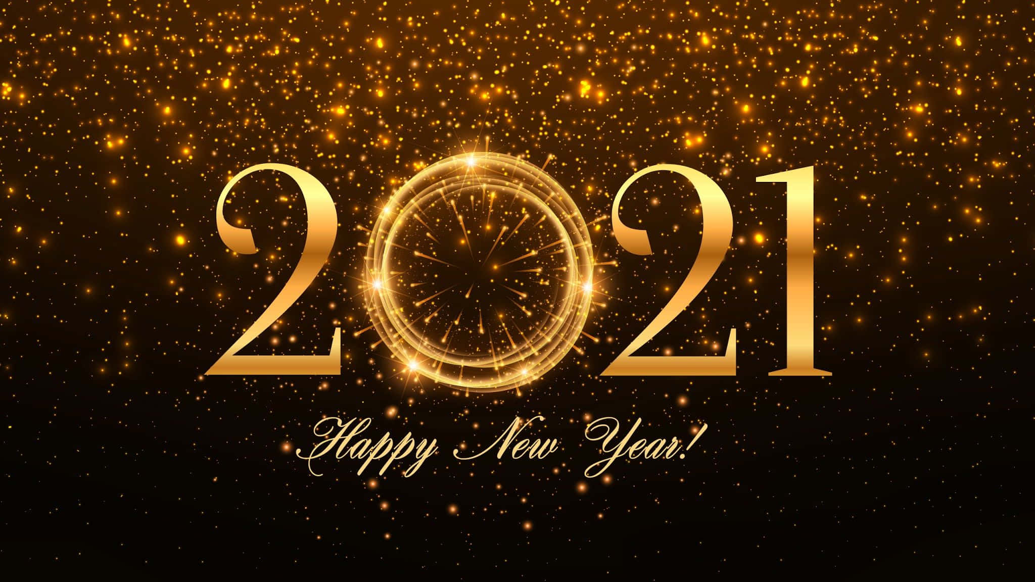 慶祝 2021 新年快樂，絢麗煙火盛會 壁紙 — 金色嘅 '2021' 配以閃爍嘅煙花爆發同 'Happy New Year!' 文字，喺閃爍嘅黑色背景上。