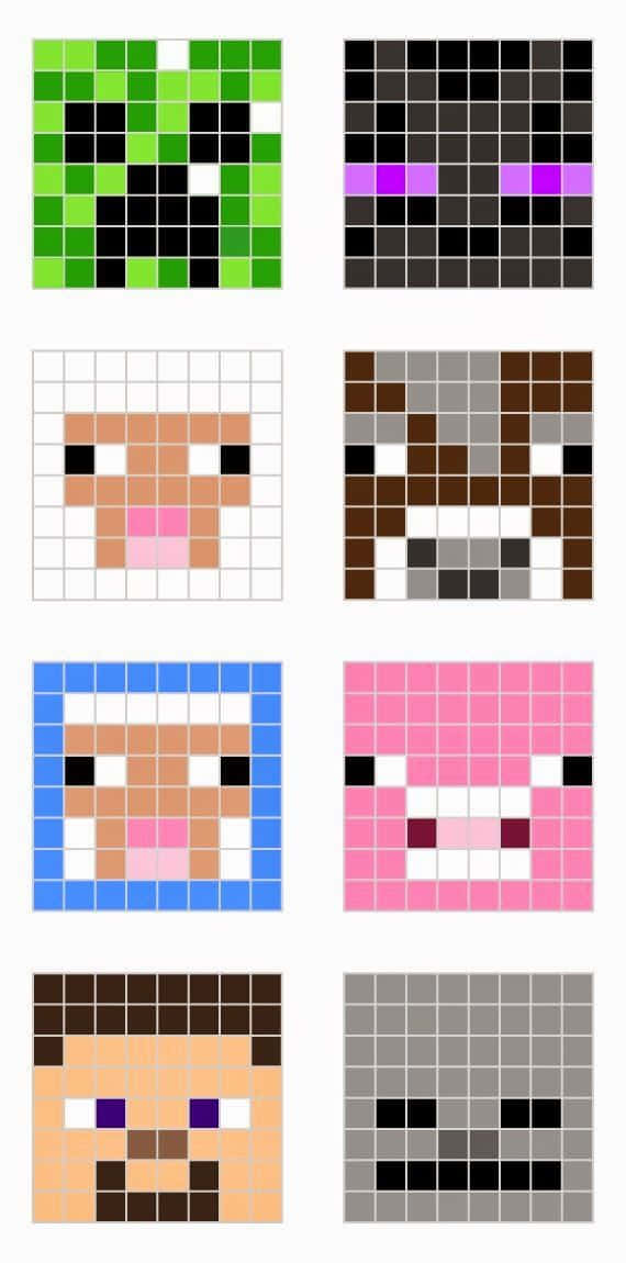 慶祝《Minecraft》眾多角色 壁紙 — 像素化Minecraft角色面孔以網格圖案排列，包括Creeper、Enderman、Sheep、Pig和Steve。