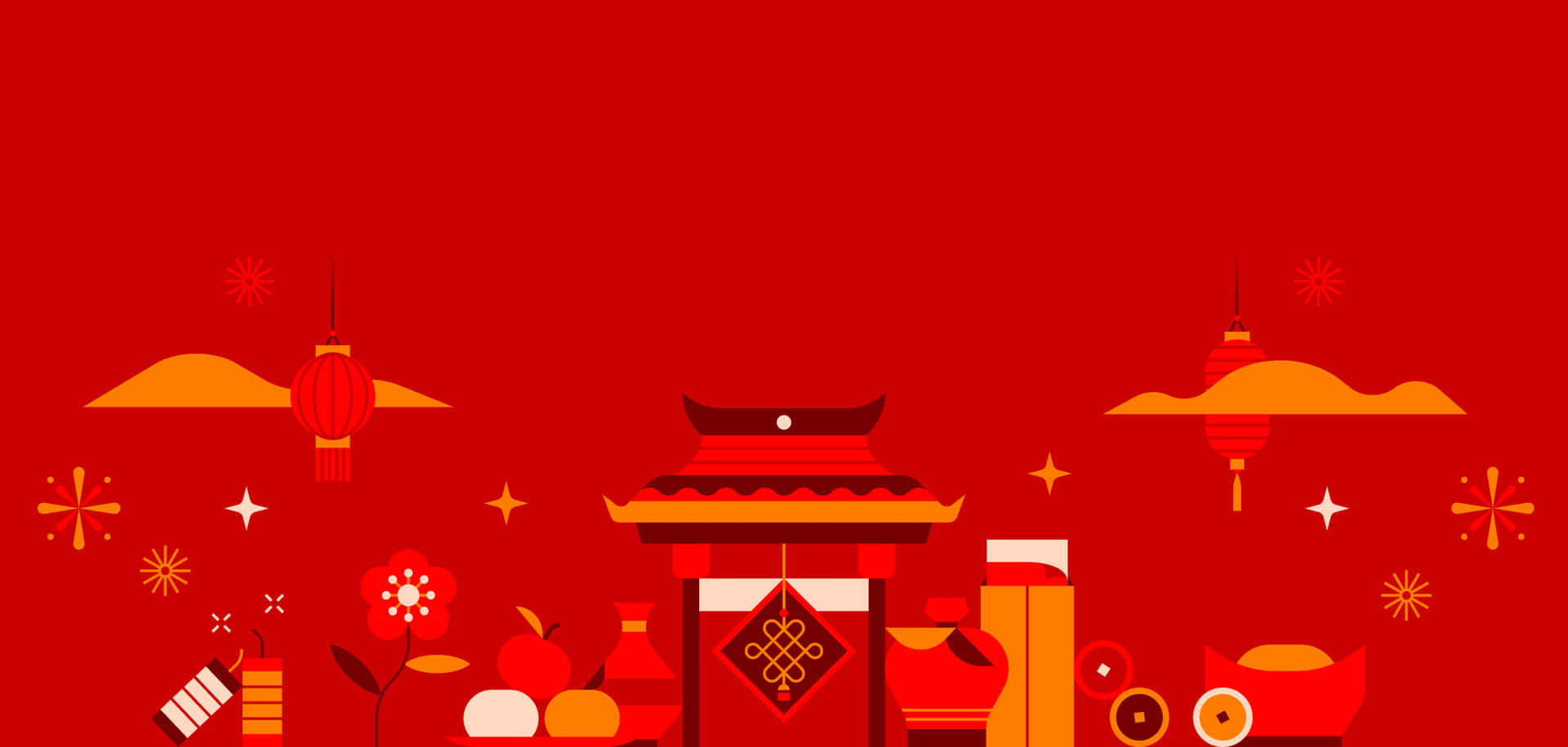 慶祝2022中國新年 壁紙 — 充滿活力的紅色平面插圖，描繪農曆新年，帶有燈籠、傳統建築和節日裝飾。