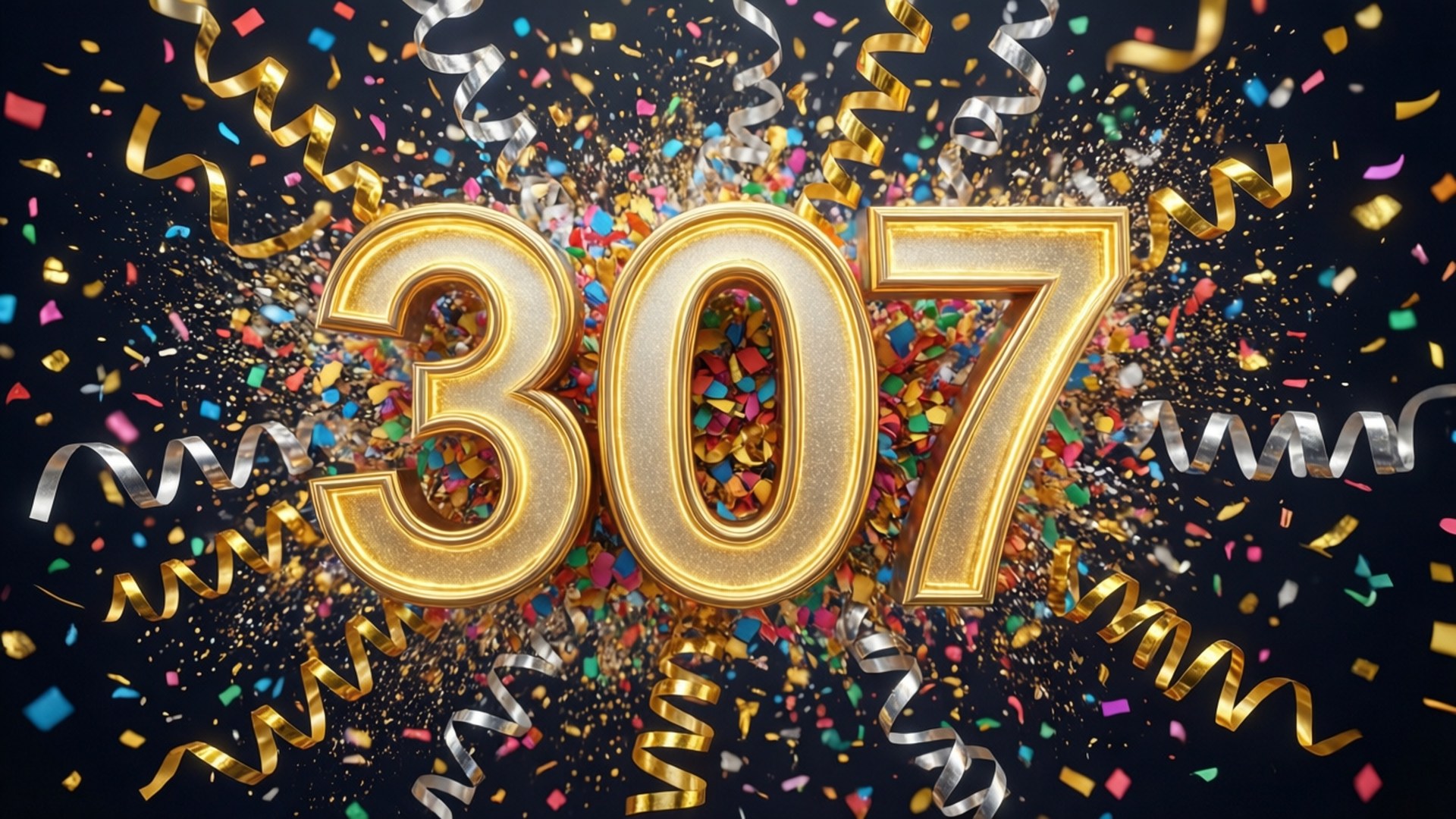 慶祝307日彩帶 壁紙 — 金色3D數字307在深色背景上爆發出五彩紙屑和旋轉絲帶。