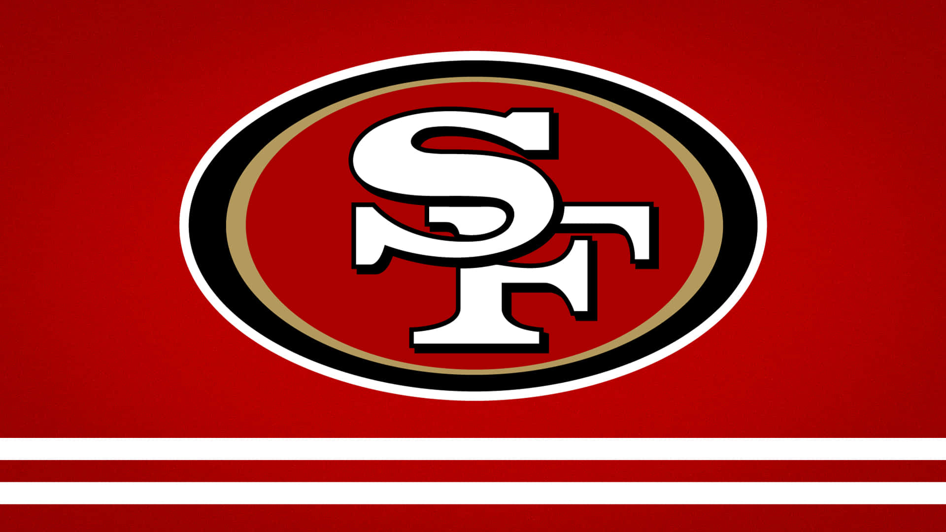 San Francisco 49ers NFL 美式足球隊標誌在帶有條紋的紅色背景上。