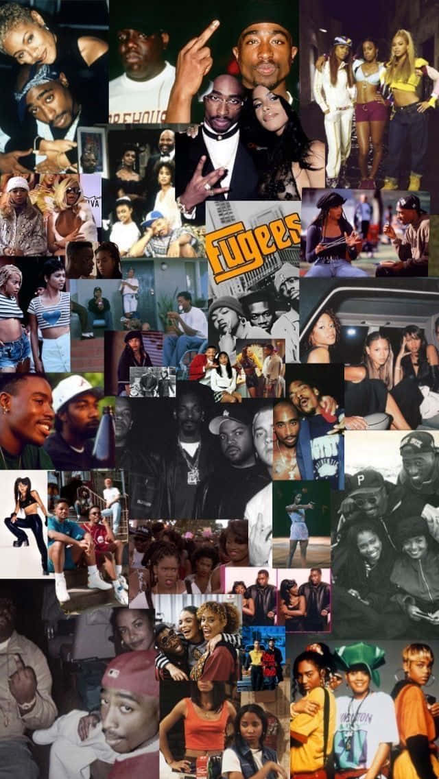 一幅90年代嘻哈偶像的拼貼畫，包括Tupac、Biggie和The Fugees，在街頭和表演場景中。