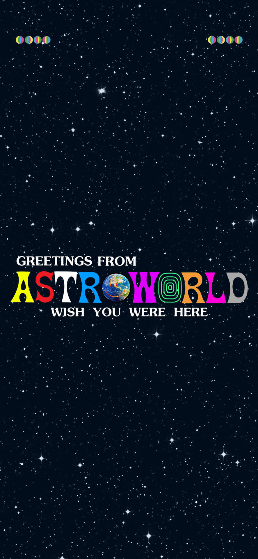 星空夜空，帶有色彩繽紛的AstroWorld問候文字和地球儀。