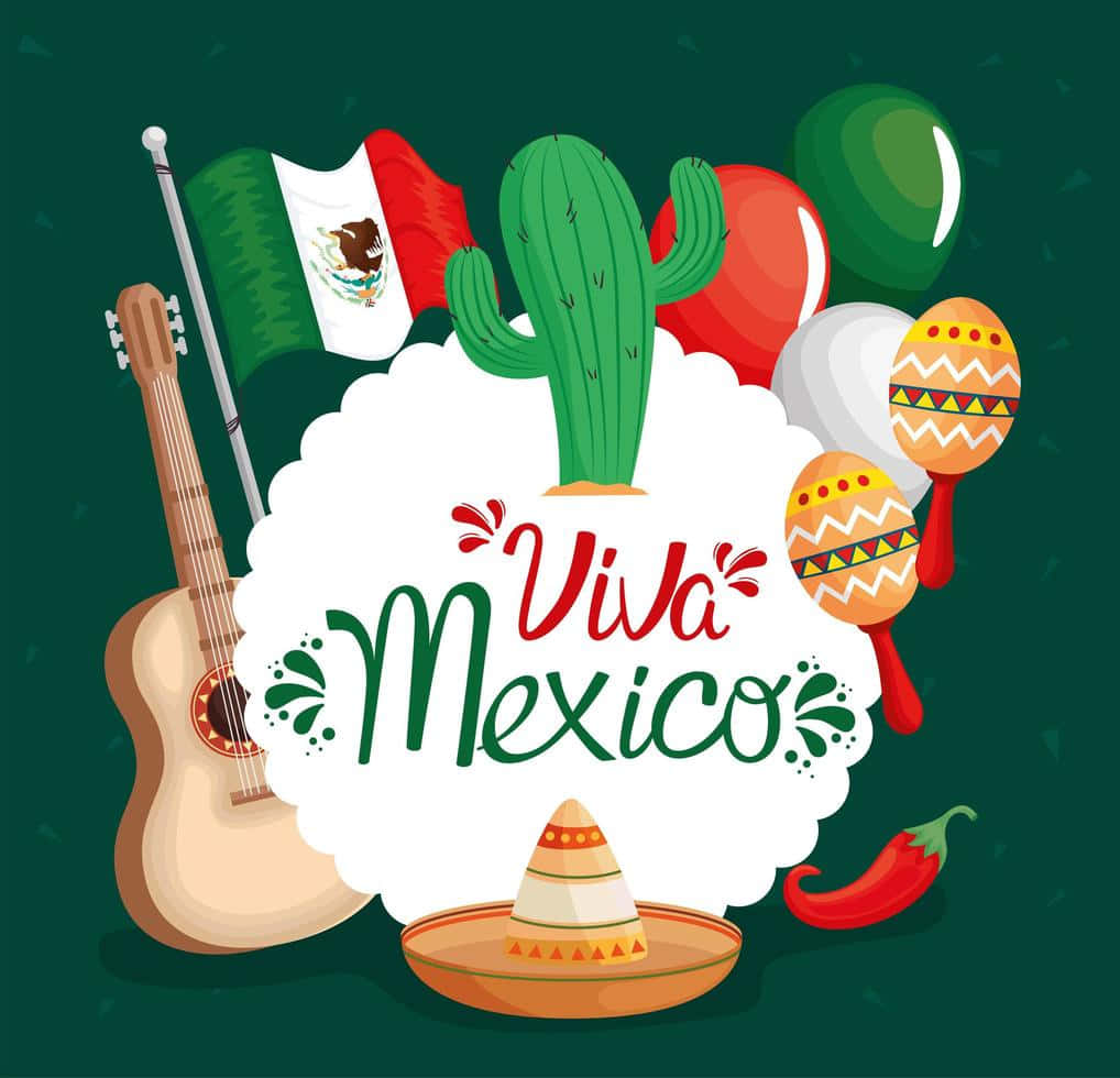 Viva Mexico 節日插圖，包含結他、仙人掌、沙槌、闊邊帽和辣椒。