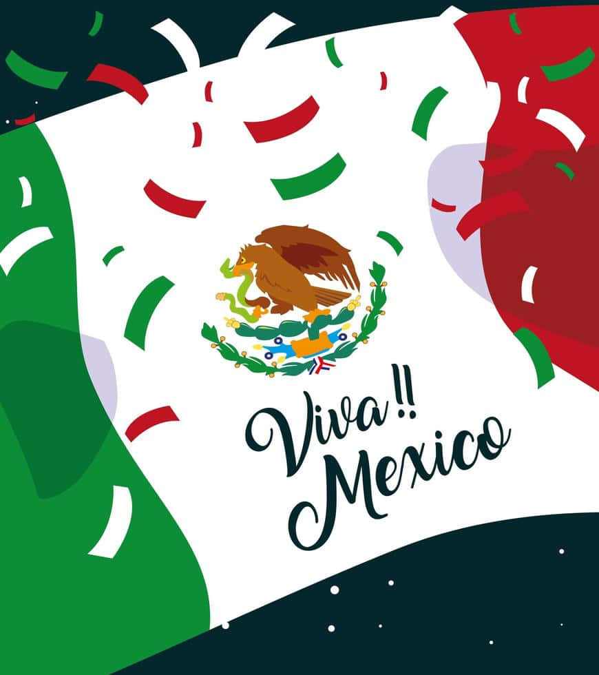 墨西哥國旗與紙屑和Viva Mexico文字，慶祝墨西哥自豪。