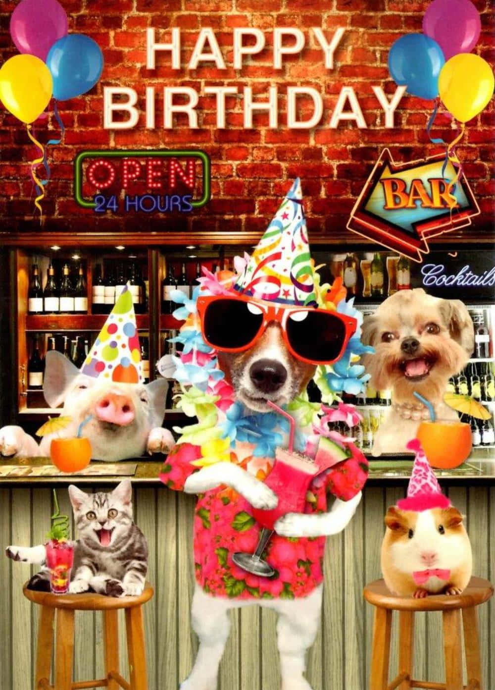 慶祝一年中最特別的日子！ 壁紙 — 一個節日酒吧場景，有擬人化的動物戴著派對帽和太陽眼鏡，用雞尾酒和氣球慶祝生日。